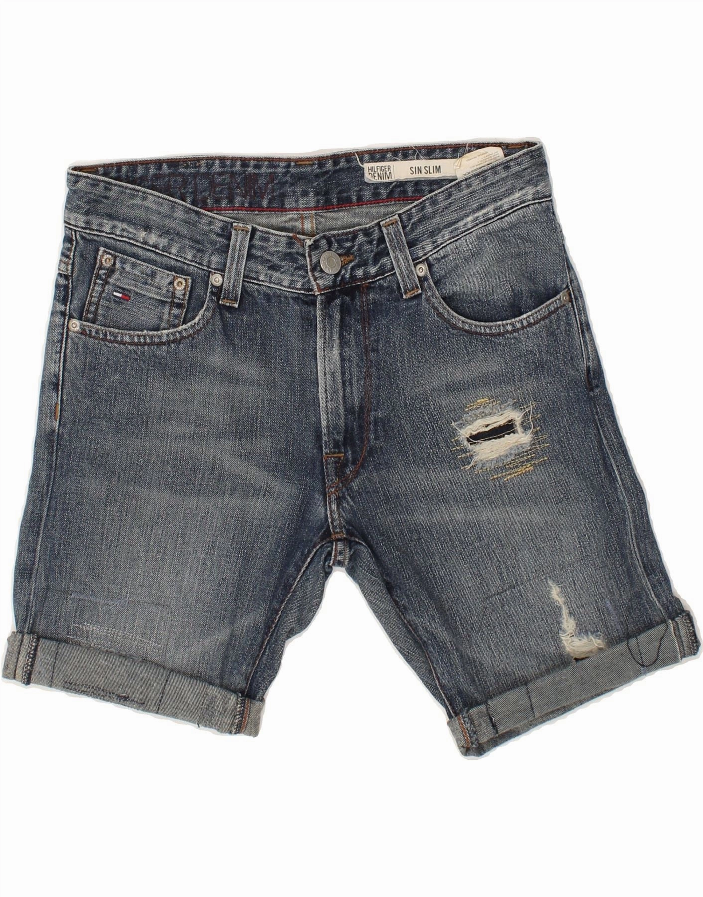 TOMMY HILFIGER Mens Sin Slim Distressed Denim Shorts W29 Small Navy Blue moisture - wicking