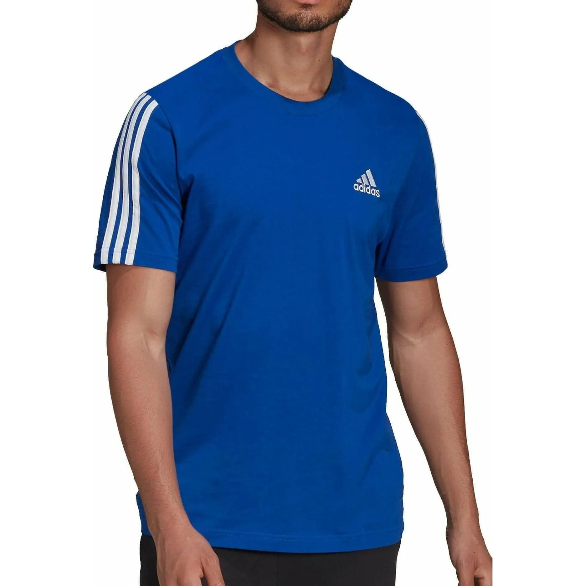 Breathable and Comfortable Versatile Style Trend adidas AeroReady 3 Stripes Short Sleeve Mens Running Top - Blue
