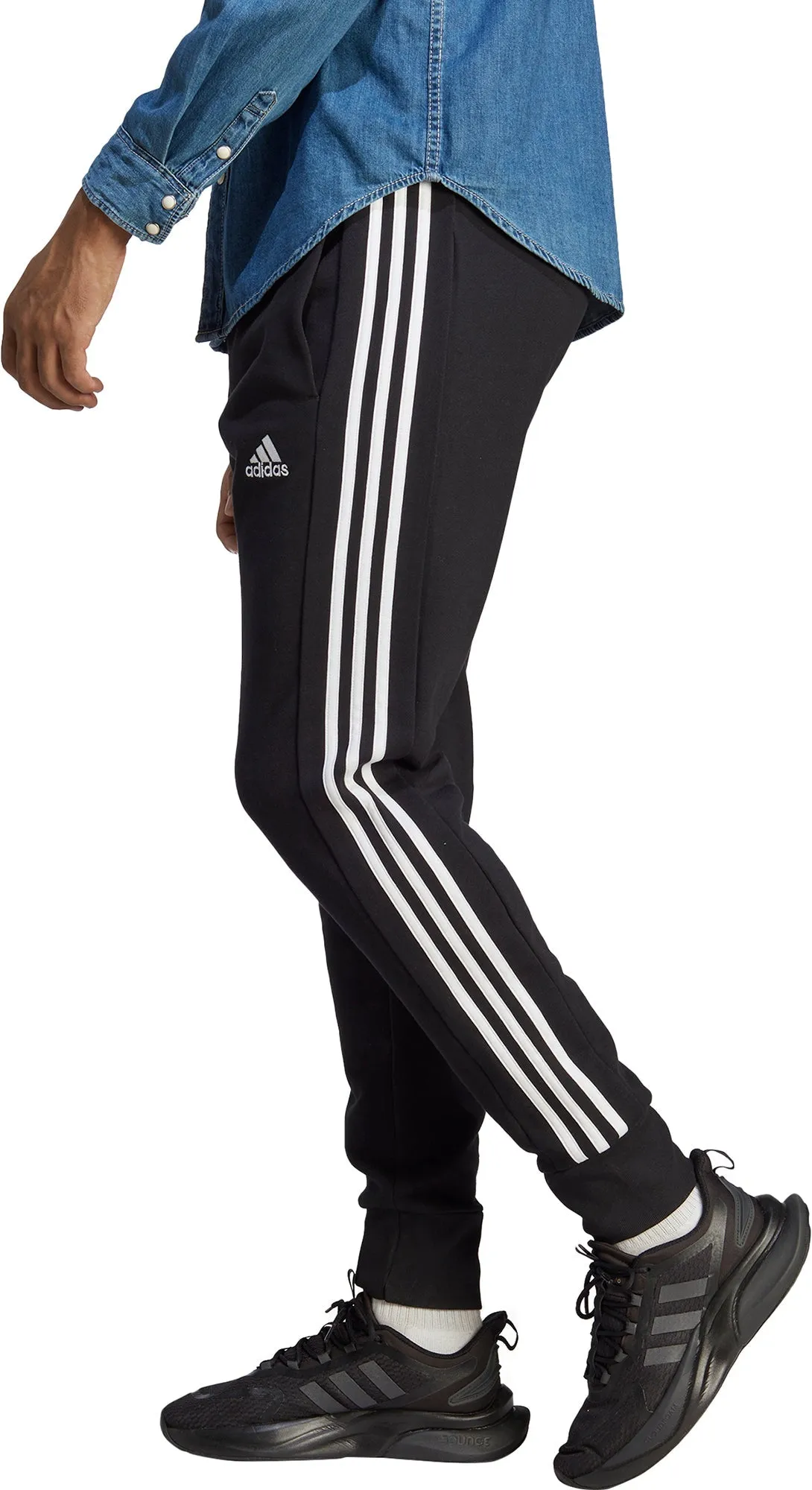 adidas Essentials Tapered Cuff 3 Stripes Mens Joggers - Black Chill Comfort Fit Everyday Ease