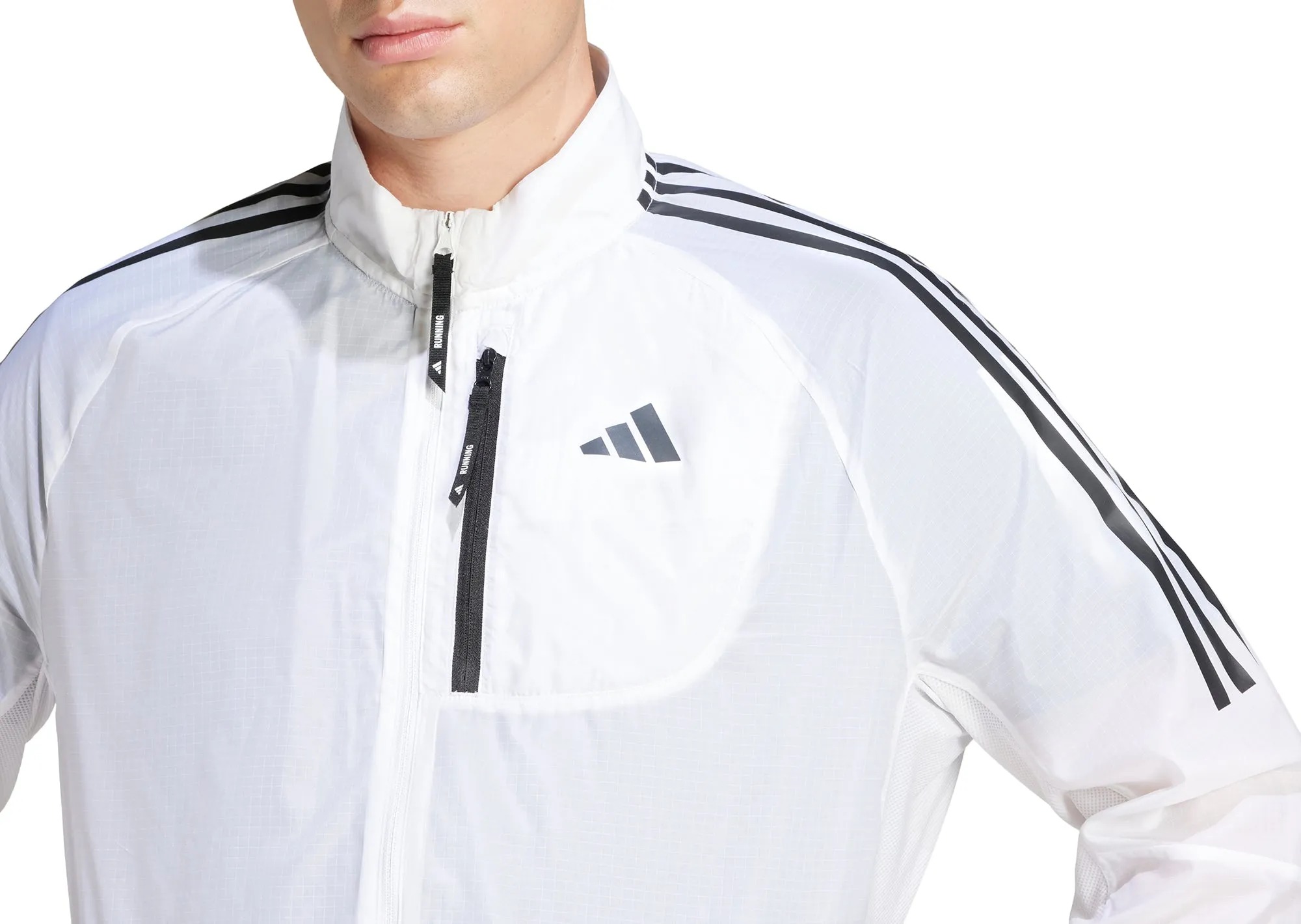 Recycled Polyester Blend Perfection adidas Own The Run 3 Stripes Packable Mens Running Jacket - White