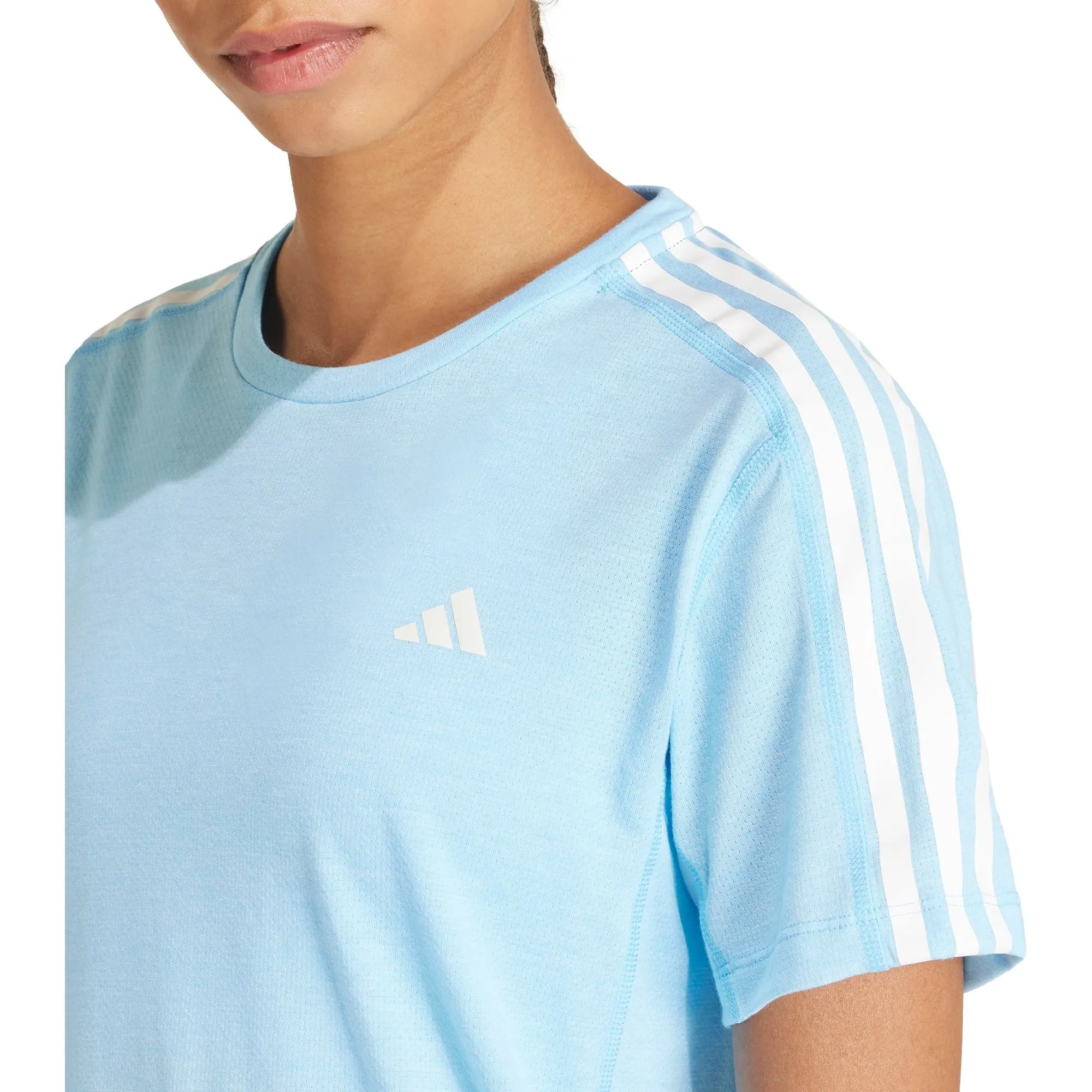 Layered Collar Structure adidas Own The Run 3 Stripes Short Sleeve Womens Running Top - Blue