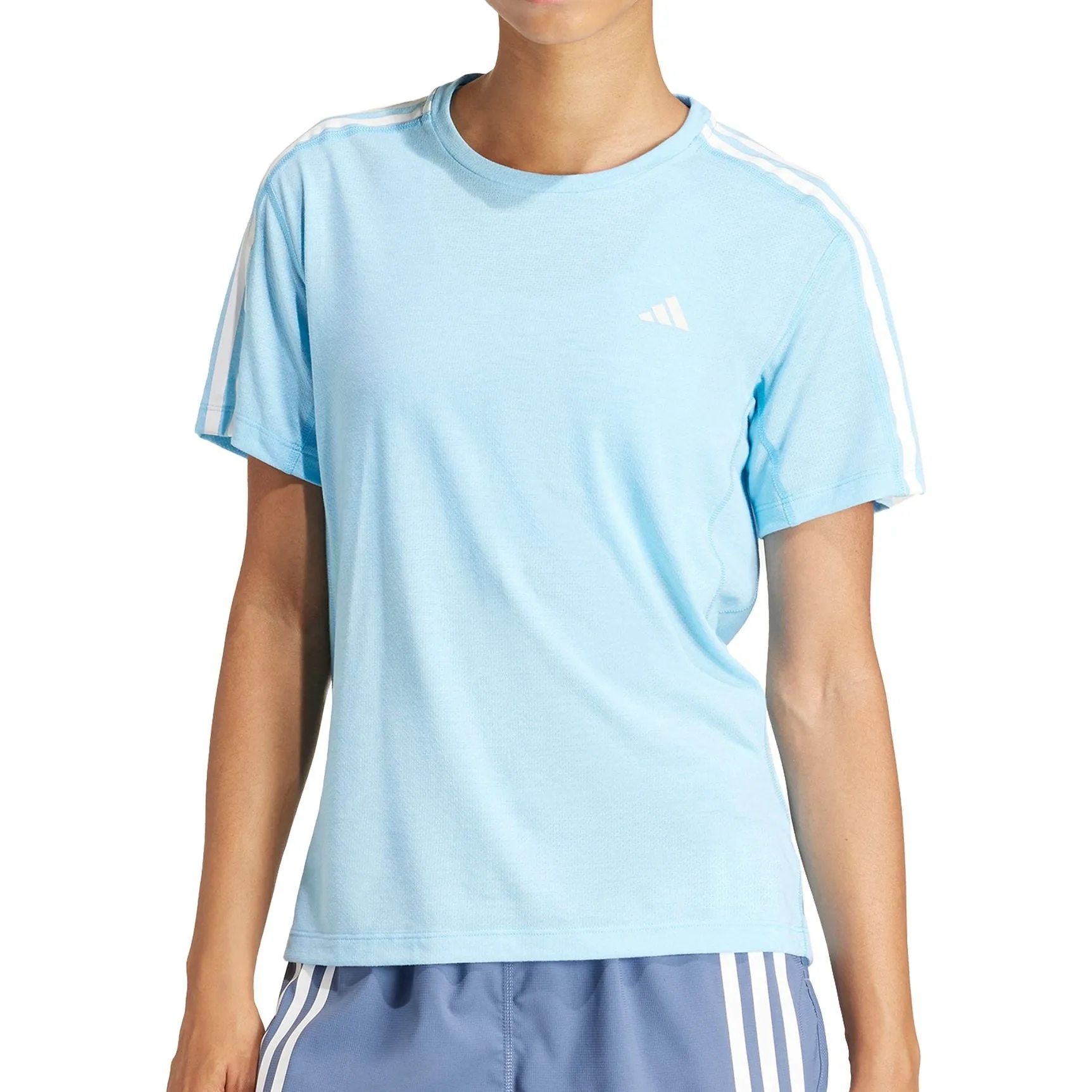 Fun and Relaxed Recycled Polyester Blend adidas Own The Run 3 Stripes Short Sleeve Womens Running Top - Blue