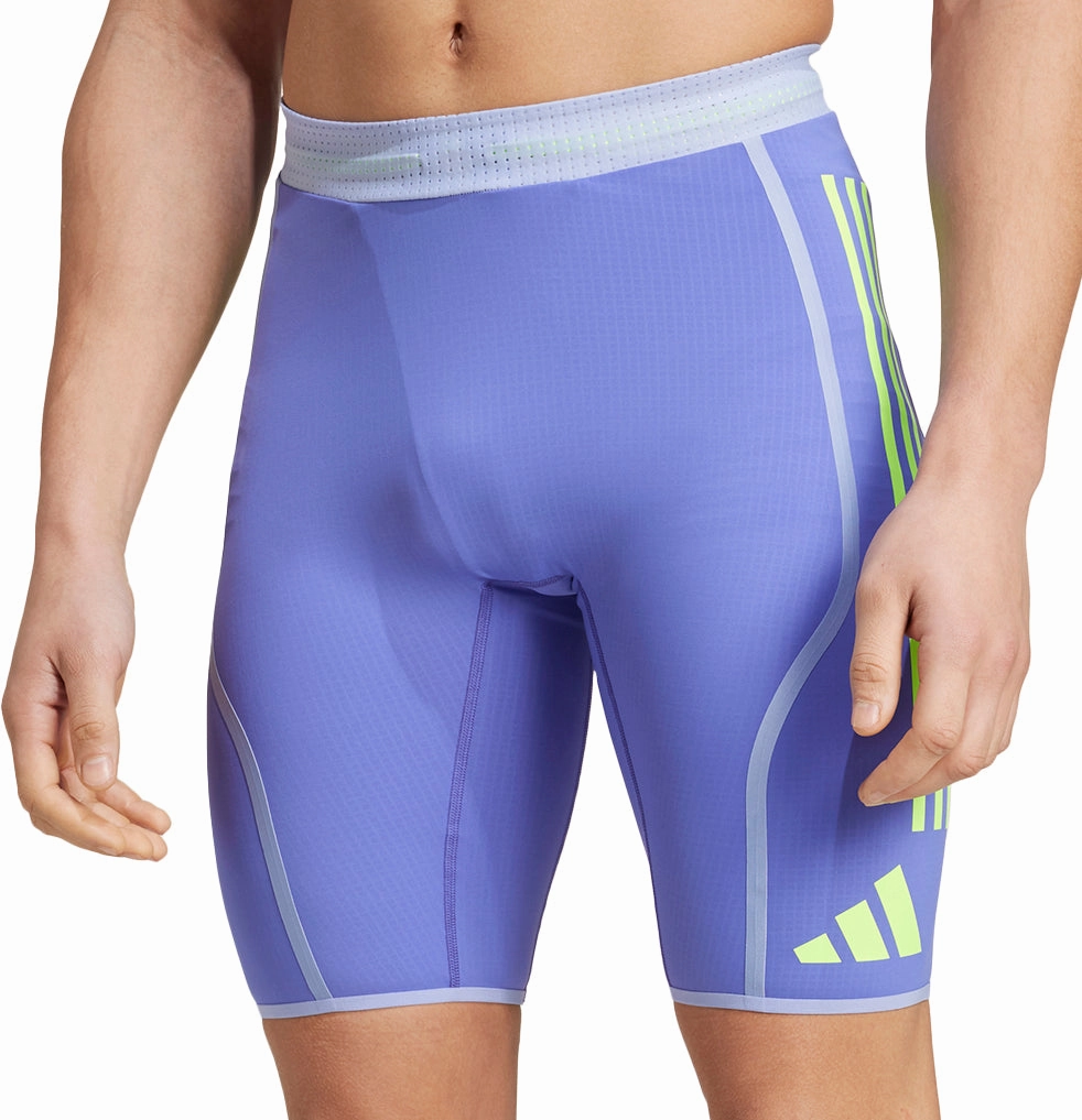 adidas Adizero Promo Mens Short Running Tights - Blue Dynamic Performance Layered Hem Detail