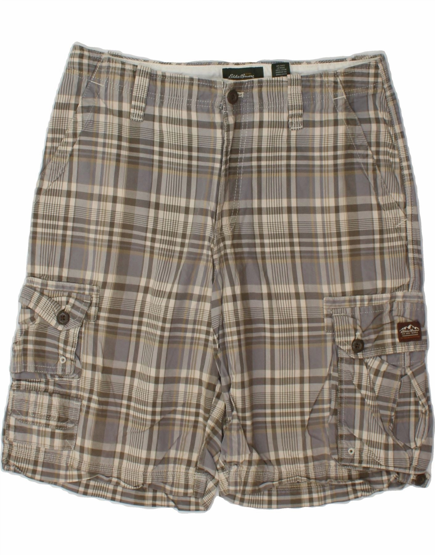 EDDIE BAUER Mens Cargo Shorts W33 Medium Grey Check Cotton Multi Directional Flex Zones Sport Flex