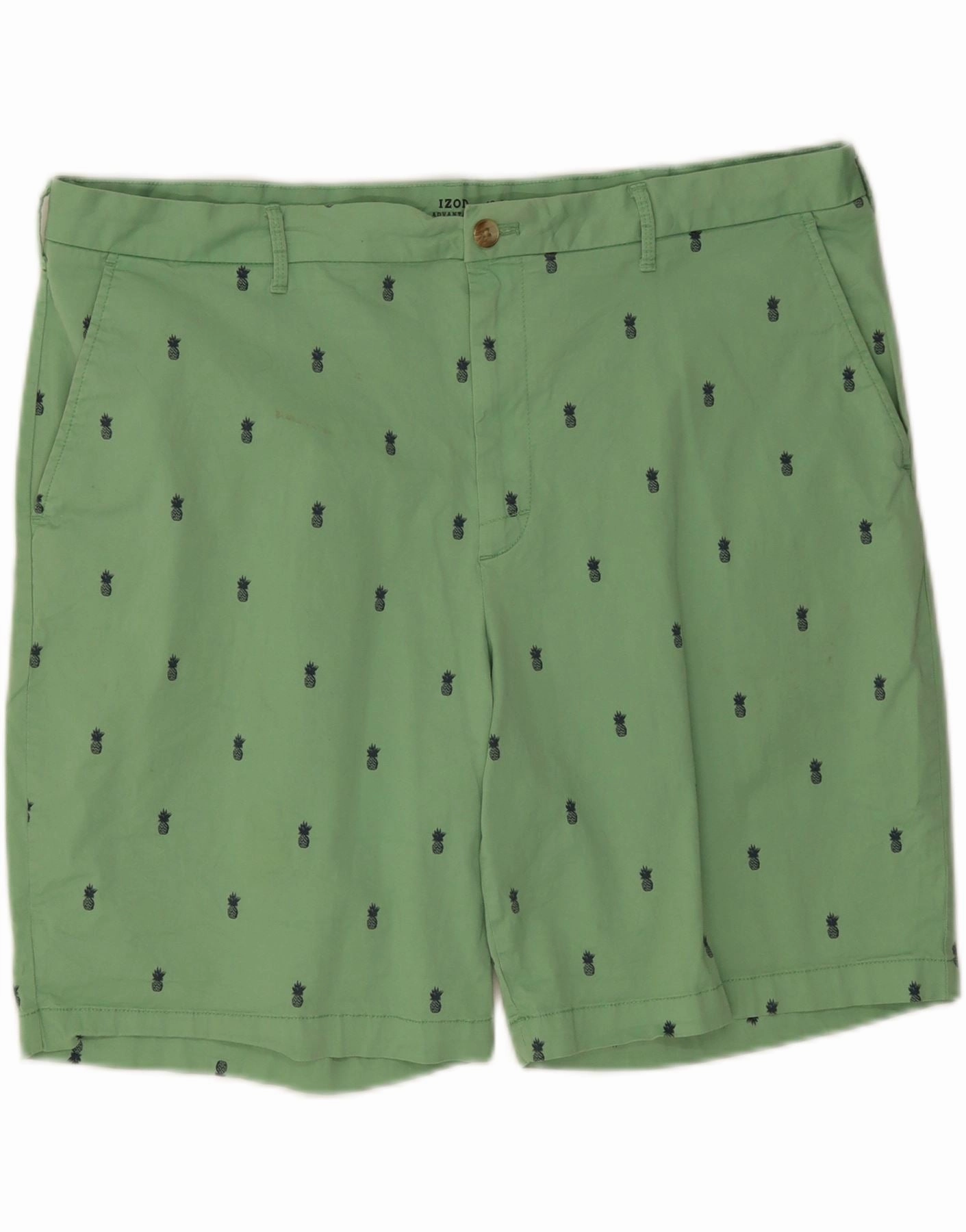 IZOD Mens Chino Shorts W42 2XL Green Spotted Cotton Relaxed Fit All Weather Fit