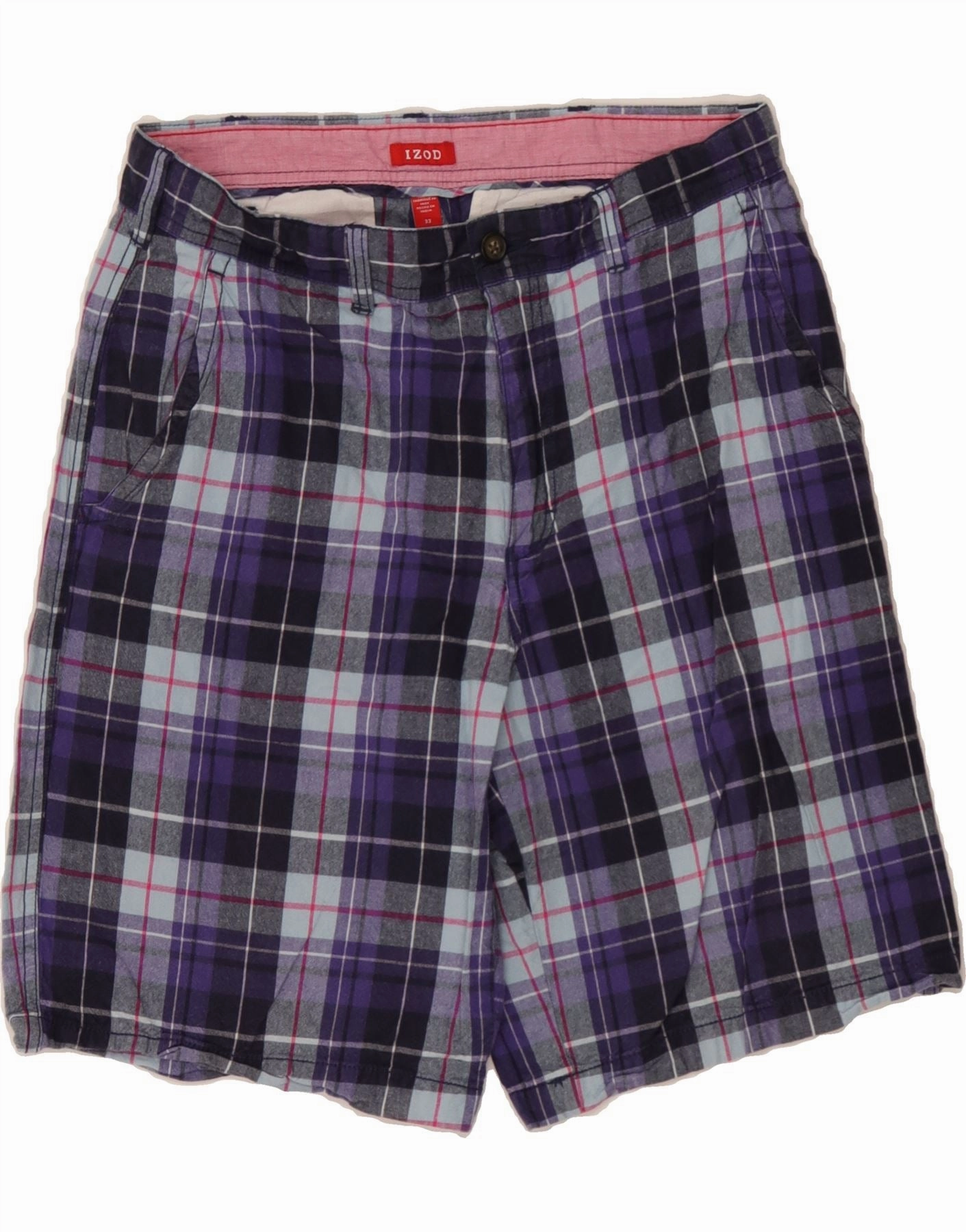 hang dry Active Ready IZOD Mens Chino Shorts W33 Medium  Purple Check Cotton