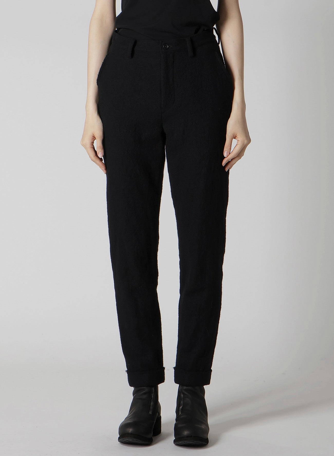 SHRINKED WOOL SERGE CUFFED HEM PANTS Stretchy Waist Breathable mesh lining