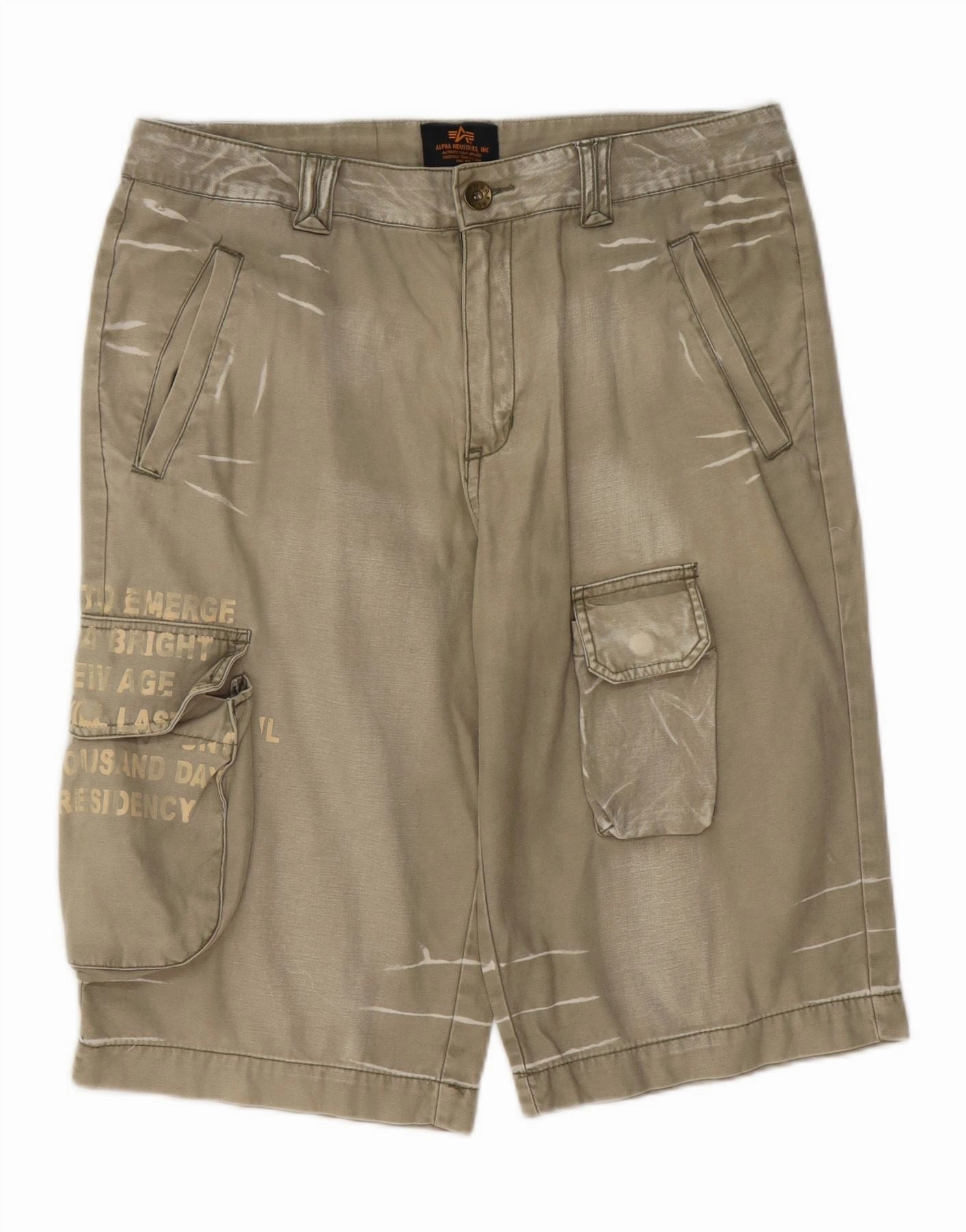 ALPHA INDUSTRIES Mens Graphic Cargo Shorts W33 Large Beige Cotton Light Design Classic Appeal