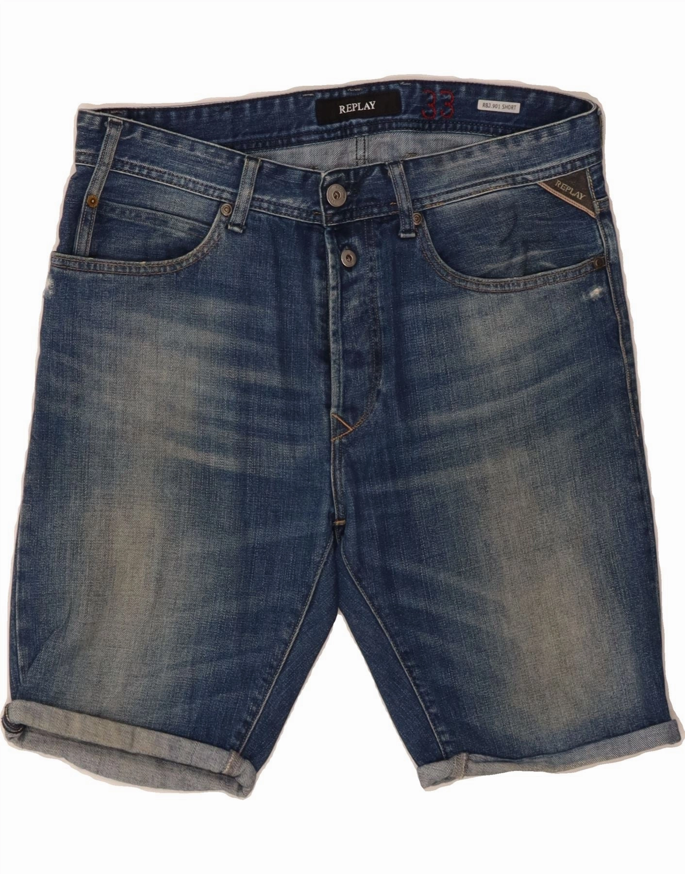 REPLAY Mens Denim Shorts W33 Large Blue Cotton Classic Appeal Slim performance