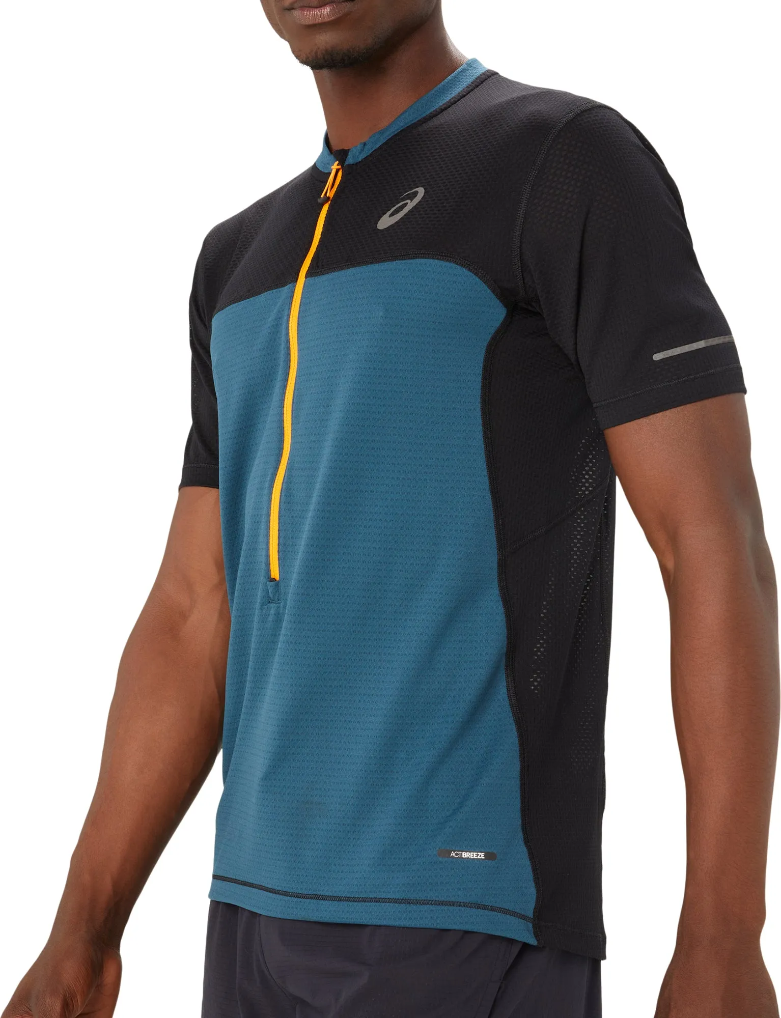 Asics FujiTrail Half Zip Short Sleeve Mens Running Top - Blue Glossy Look Stylish Comfort
