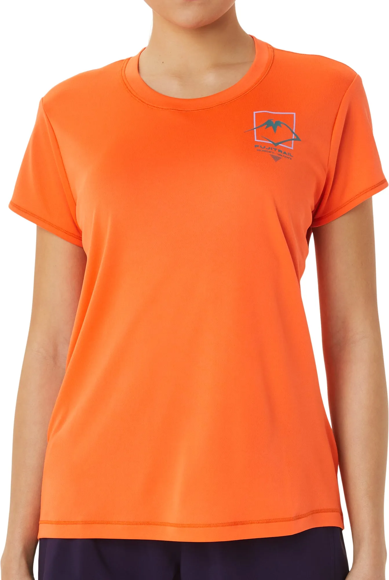 Practical Design Stretchable Weave Asics FujiTrail Logo Womens Short Sleeve Running Top - Orange