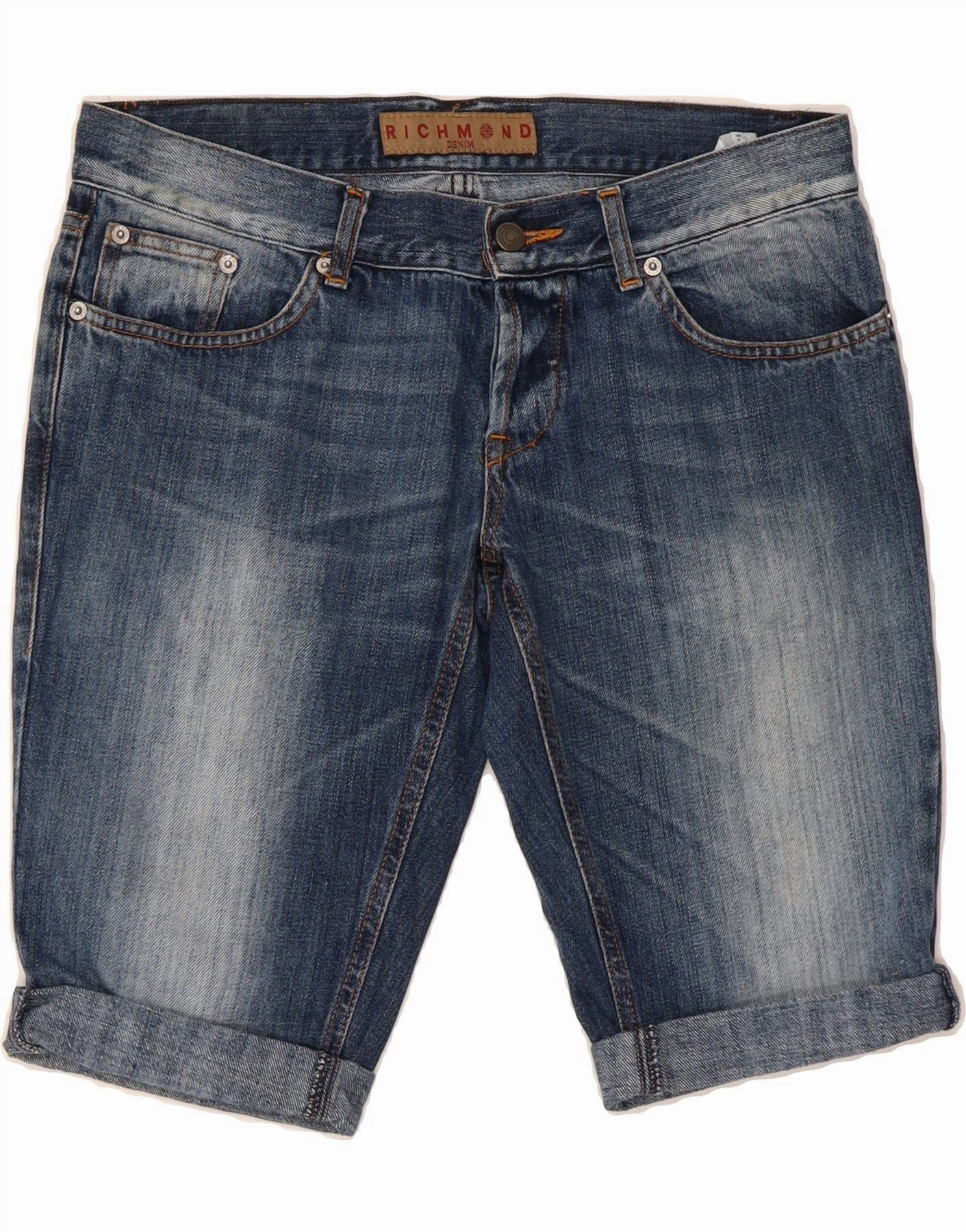 waterproof Mid Rise RICHMOND Mens Denim Shorts W32 Medium  Blue Cotton