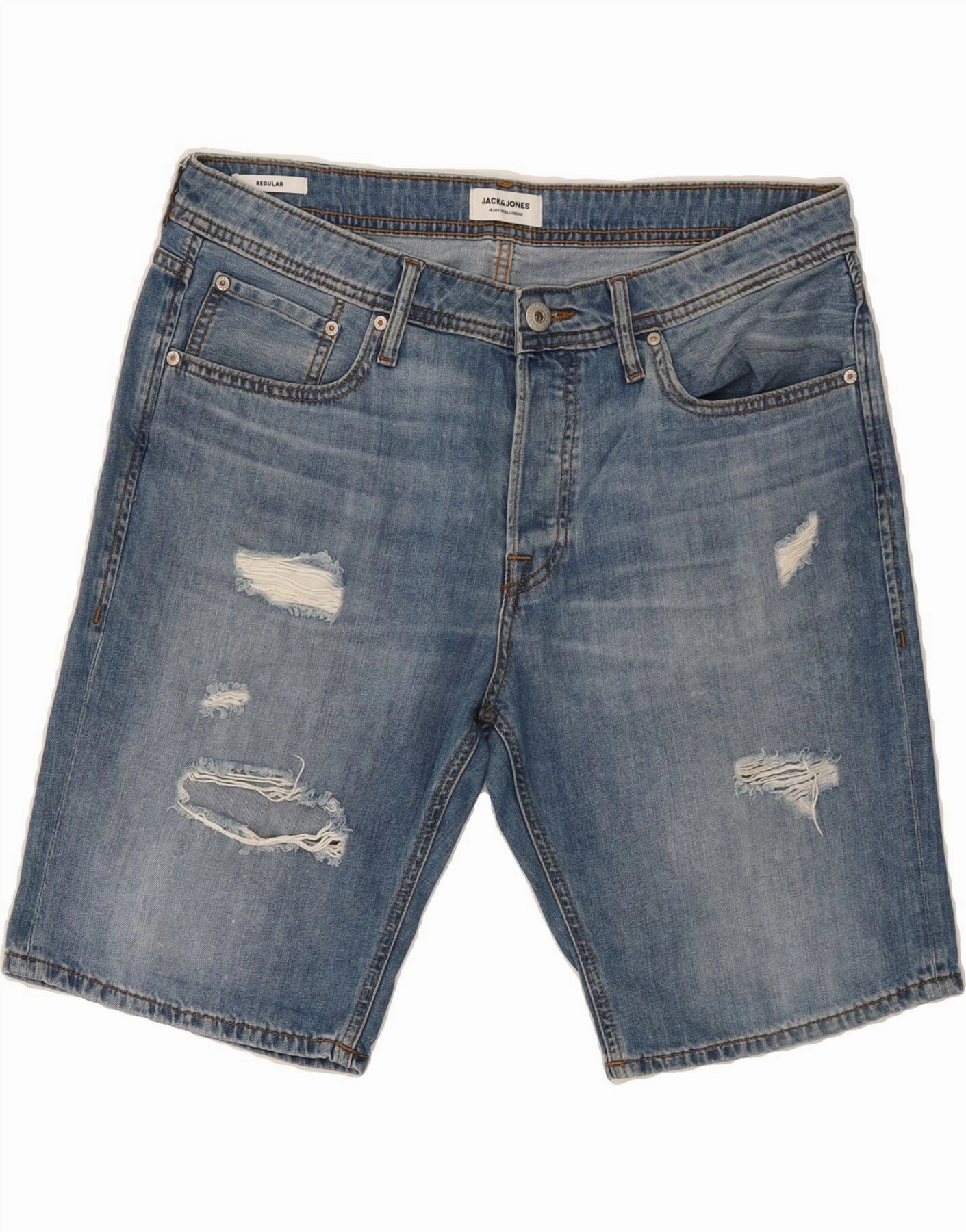 JACK & JONES Mens Distressed Regular Denim Shorts XL W38  Blue Cotton garden party wear Abrasion Resistant Hem