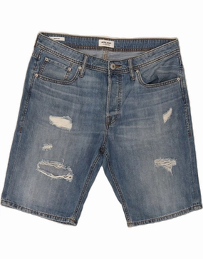 JACK & JONES Mens Distressed Regular Denim Shorts XL W38  Blue Cotton garden party wear Abrasion Resistant Hem