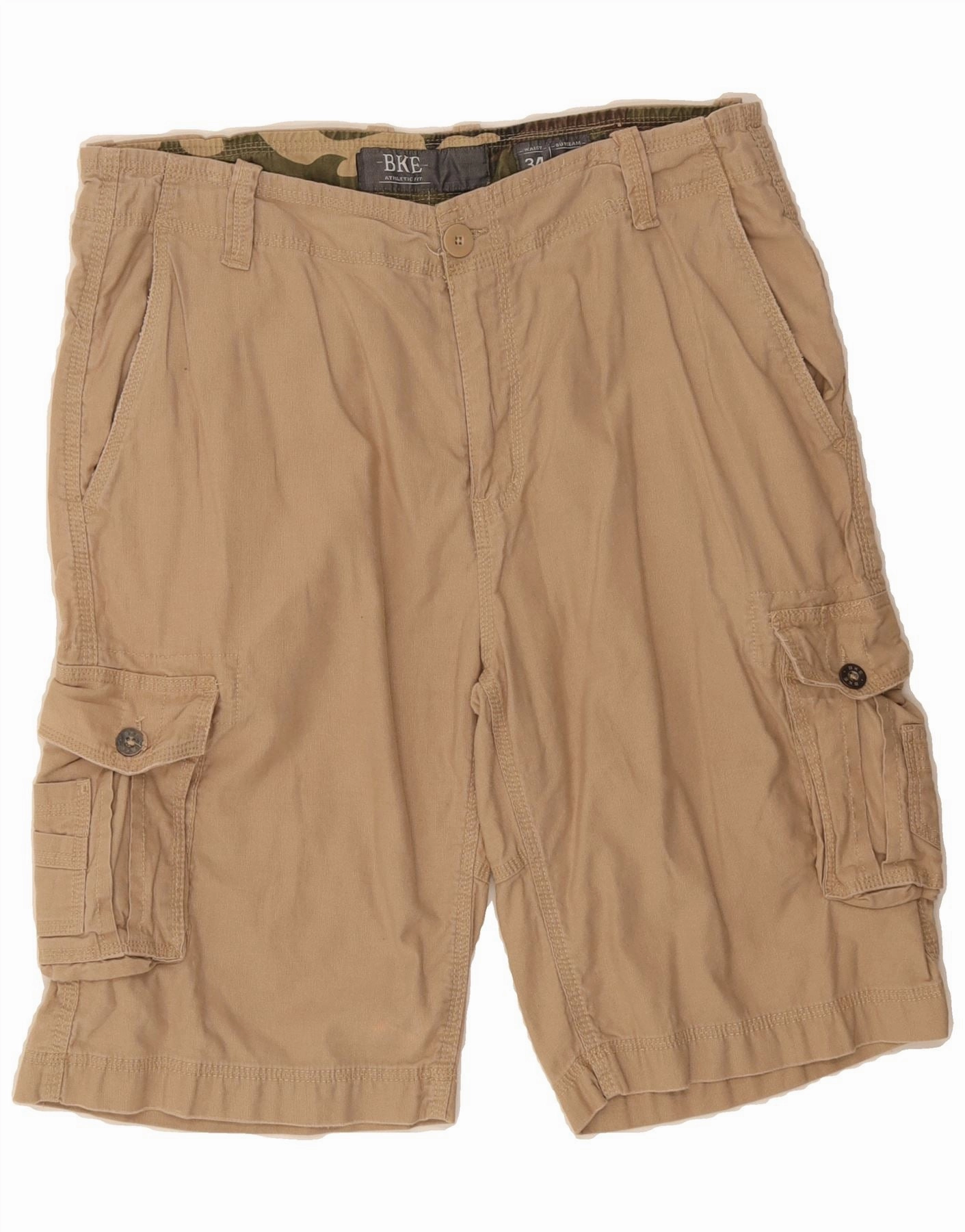 Laser Cut Edges BKE Mens Cargo Shorts W34 Large  Beige Cotton