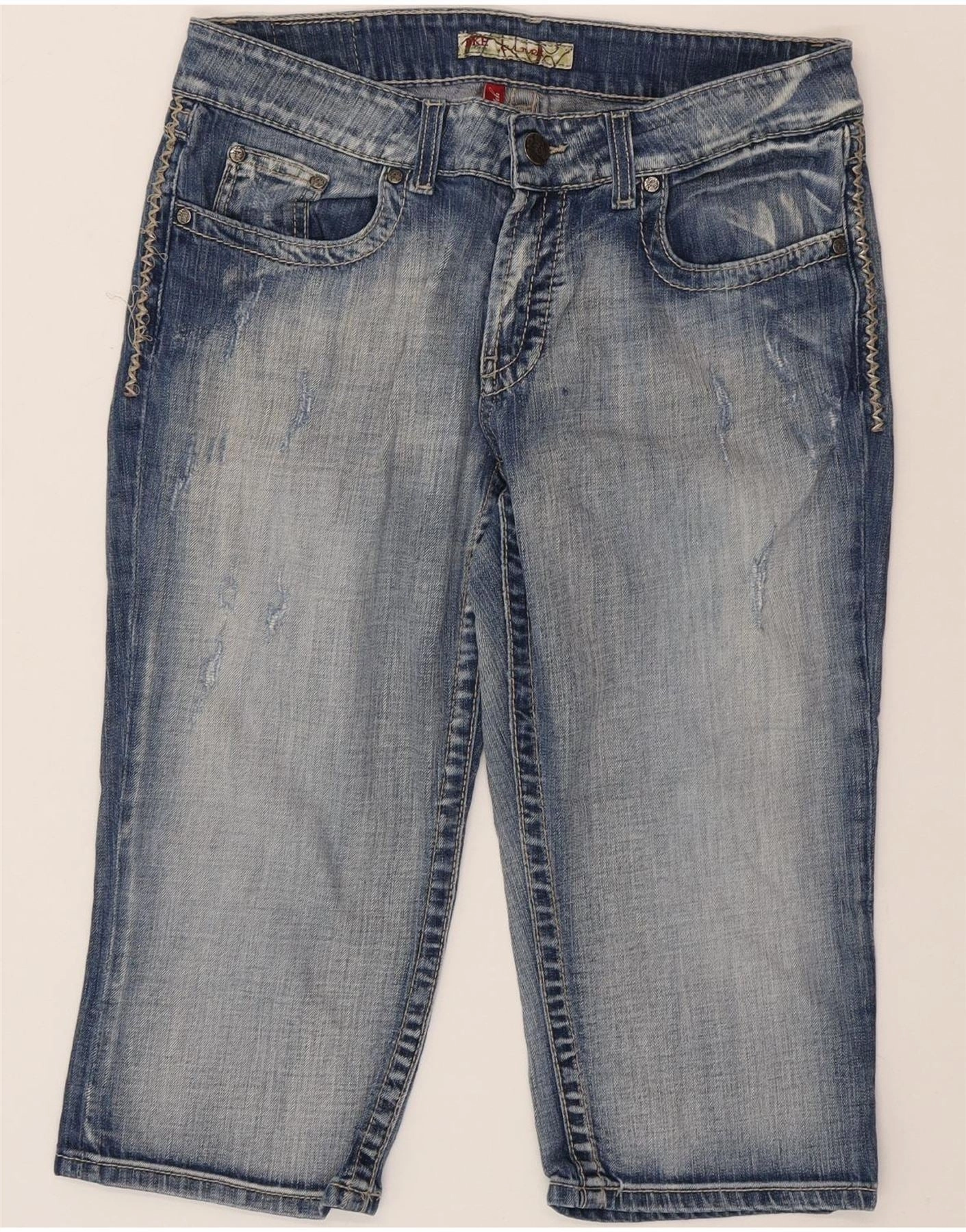 BKE Mens Distressed Denim Bermuda Shorts W33 Medium Blue Cotton Thermal Regulating Fabric Breeze Ready