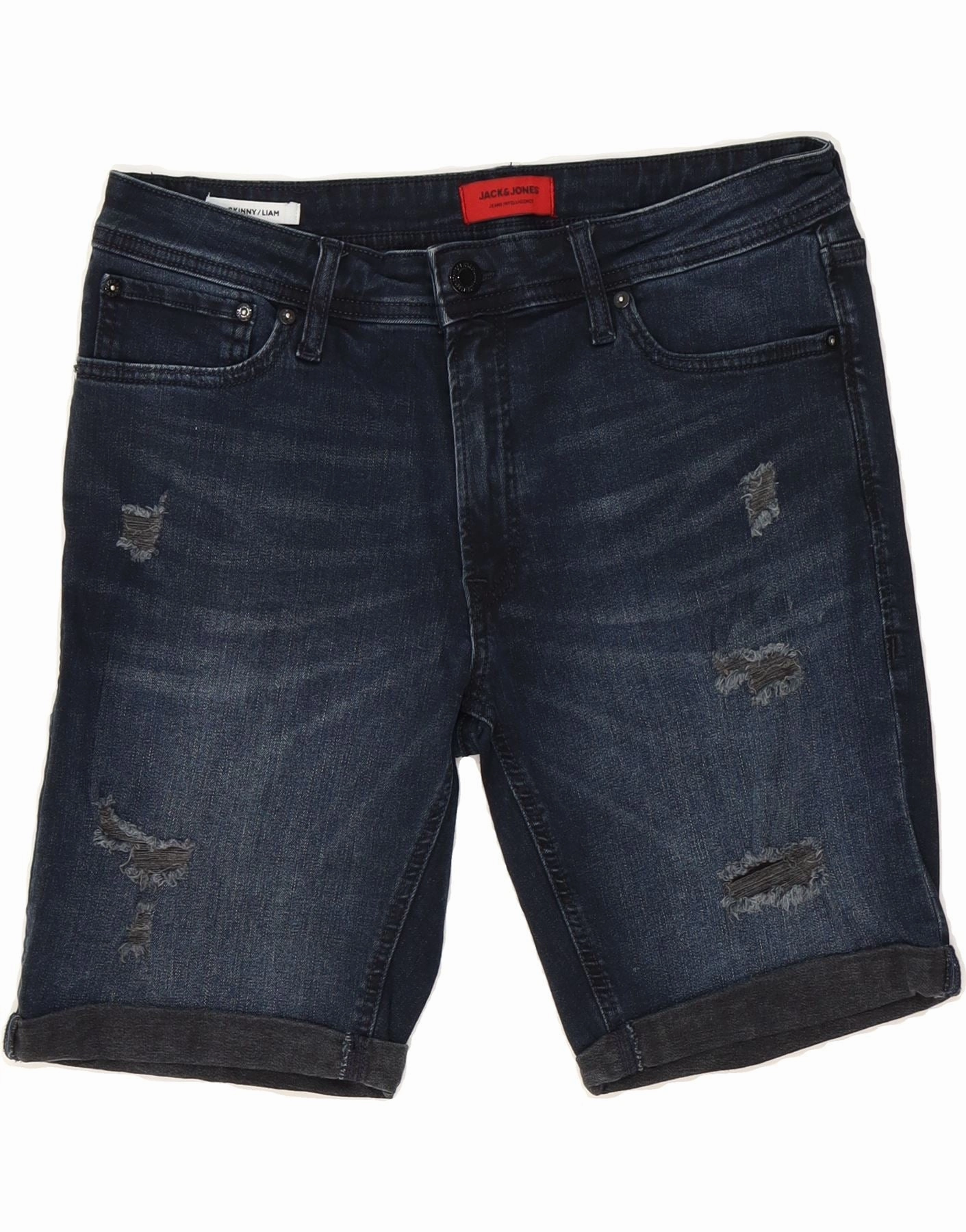 ZipperedSecurity JACK & JONES Mens Liam Distressed Skinny Denim Shorts Large W34 Navy Blue
