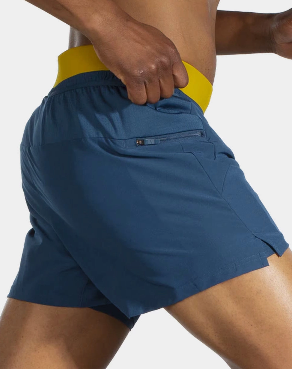 Brooks 5 Inch Sherpa 2 In 1 Mens Running Shorts - Blue Wide Range Motion Sweat Wicking Fabric