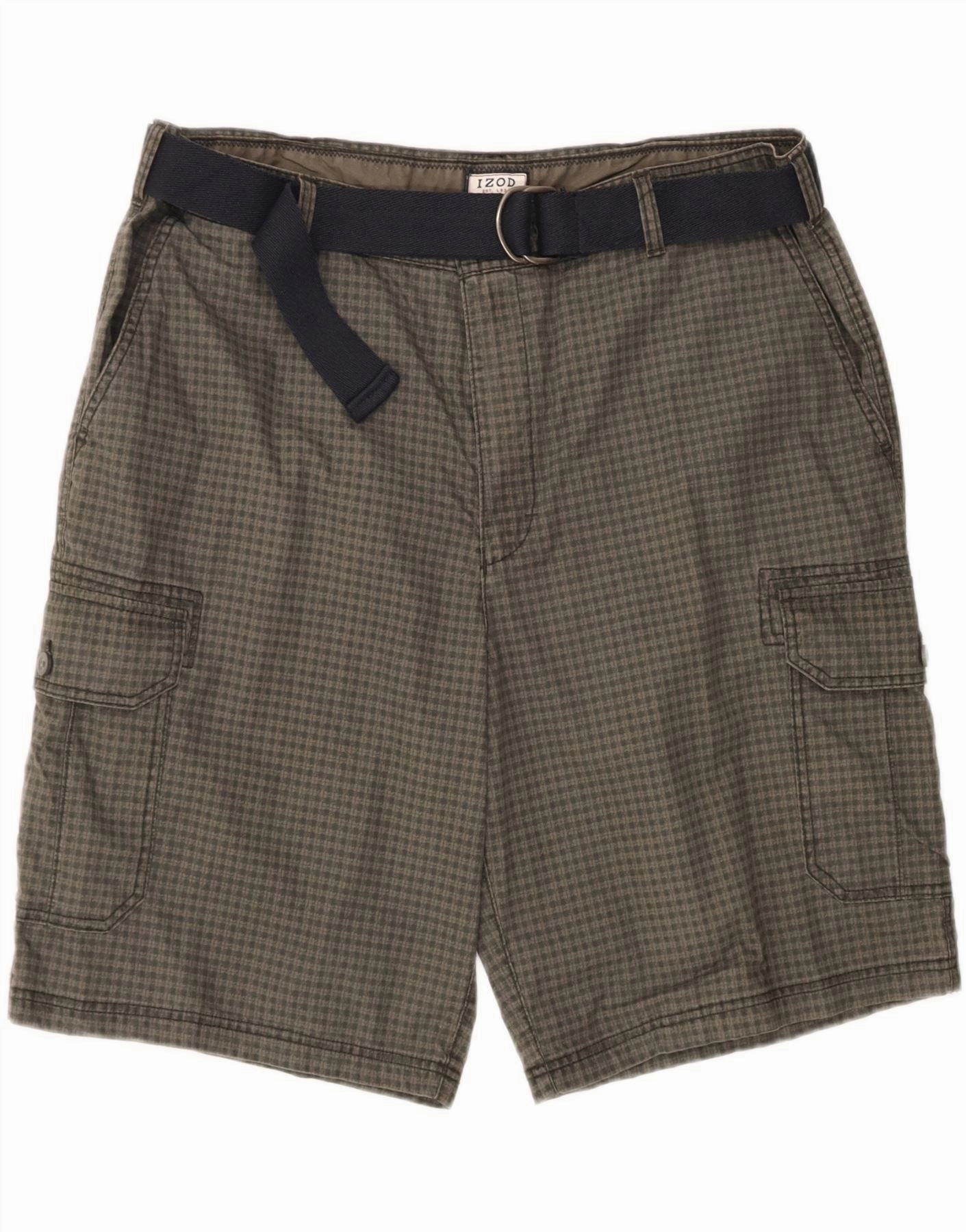 IZOD Mens Cargo Shorts  W42 2XL Khaki Gingham Cotton No Ride Up Technology