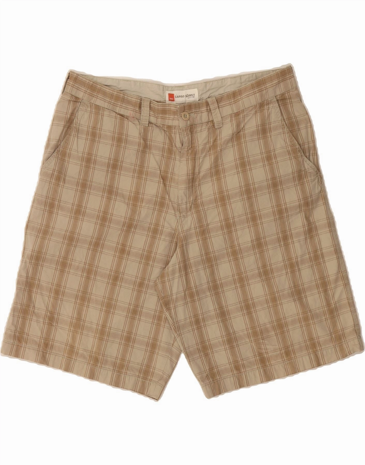 MOSSIMO Mens Chino Shorts W38 XL Beige Check Cotton Moisture Wicking Finish Flexible Cut