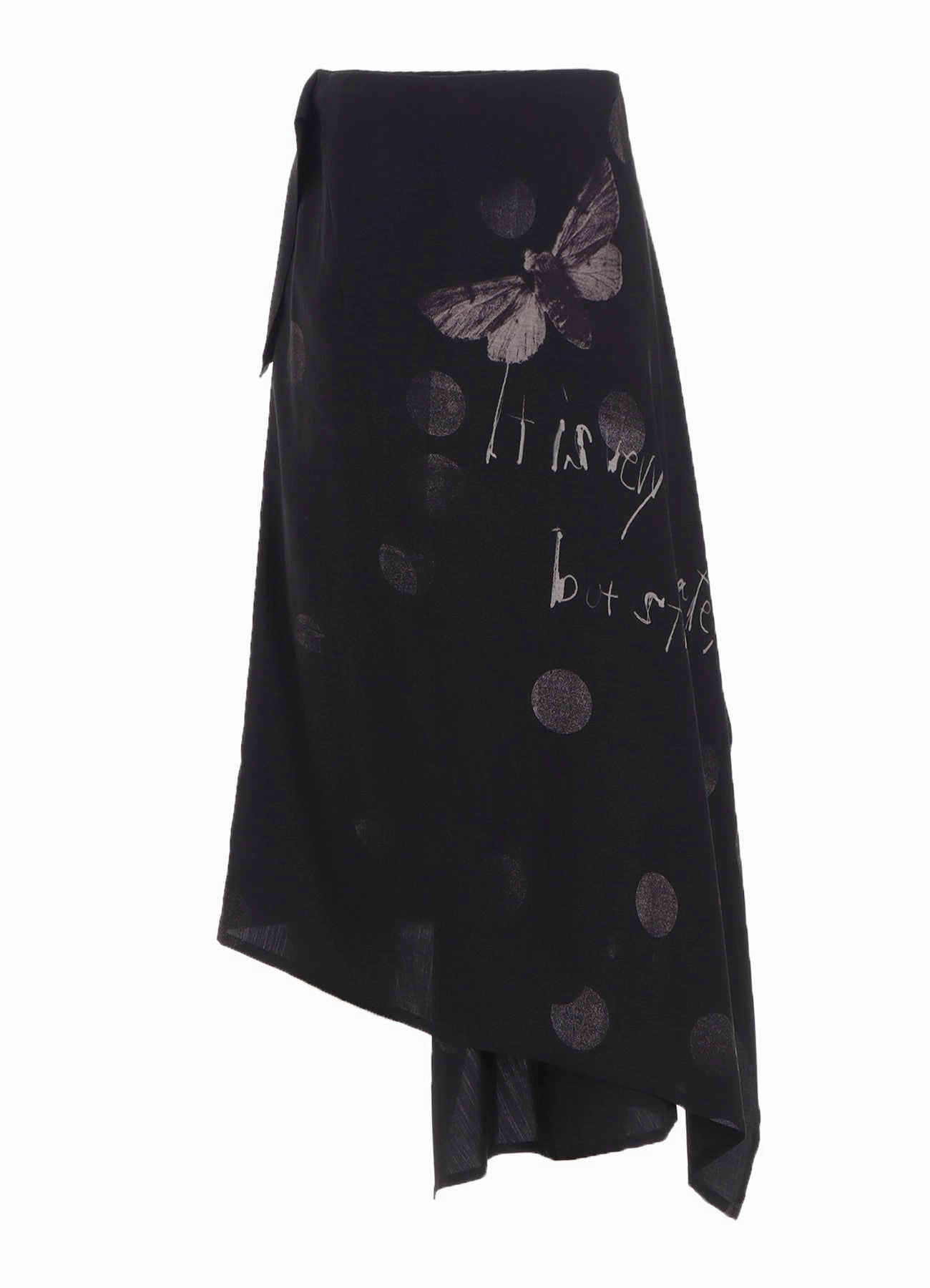 Comfy Stretch Multi-way wear BUTTERFLY-PRINT DUNGAREE TWILL ASYMMETRIC MIDI SKIRT