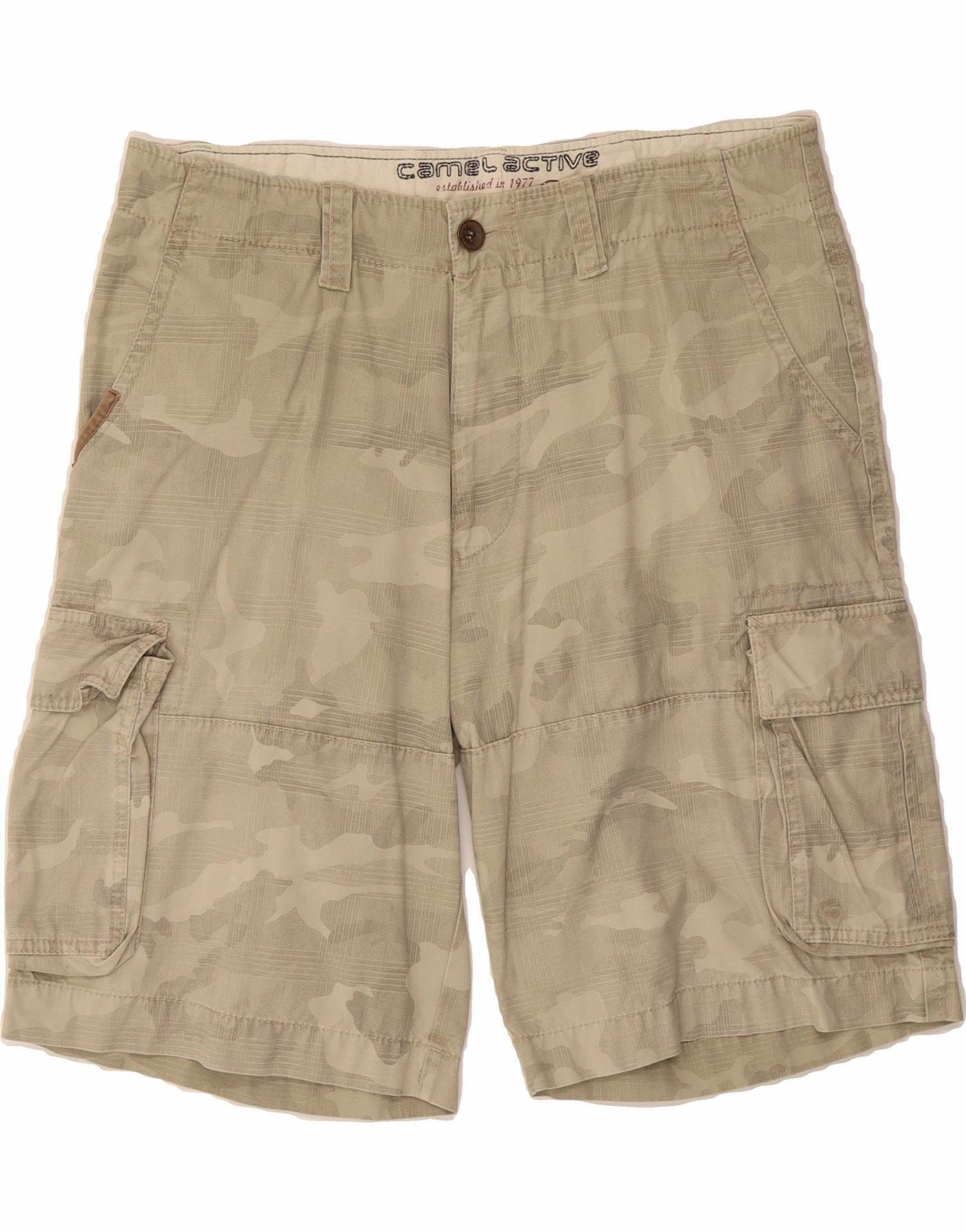 CAMEL ACTIVE Mens Cargo Shorts IT 54 2XL W36  Beige Camouflage Cotton Comfortable Cut All Day Comfort