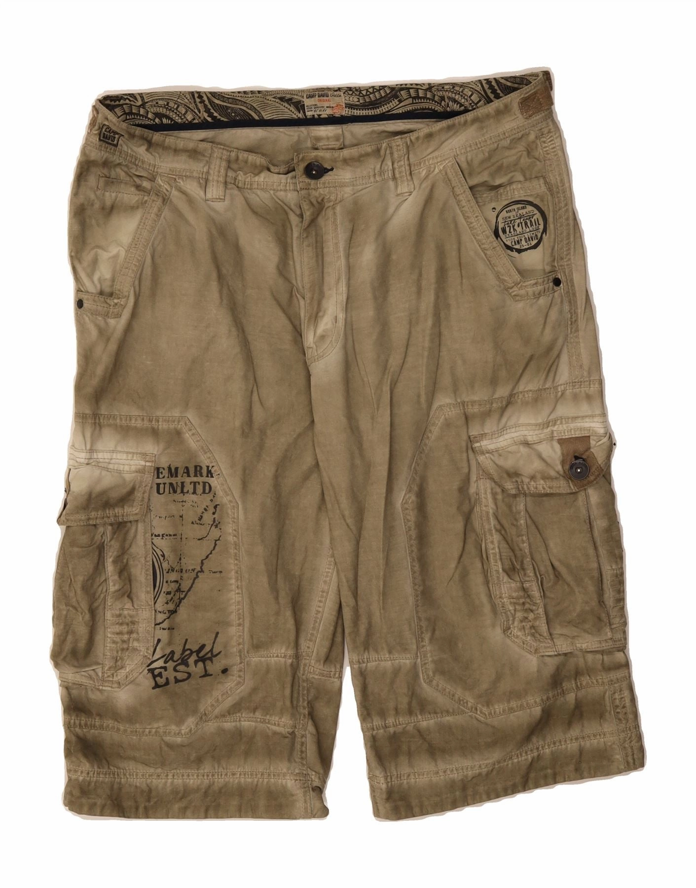 CAMP DAVID Mens Graphic Cargo Bermuda Shorts W38 XL Khaki Cotton Extended Inseam Options Anorak