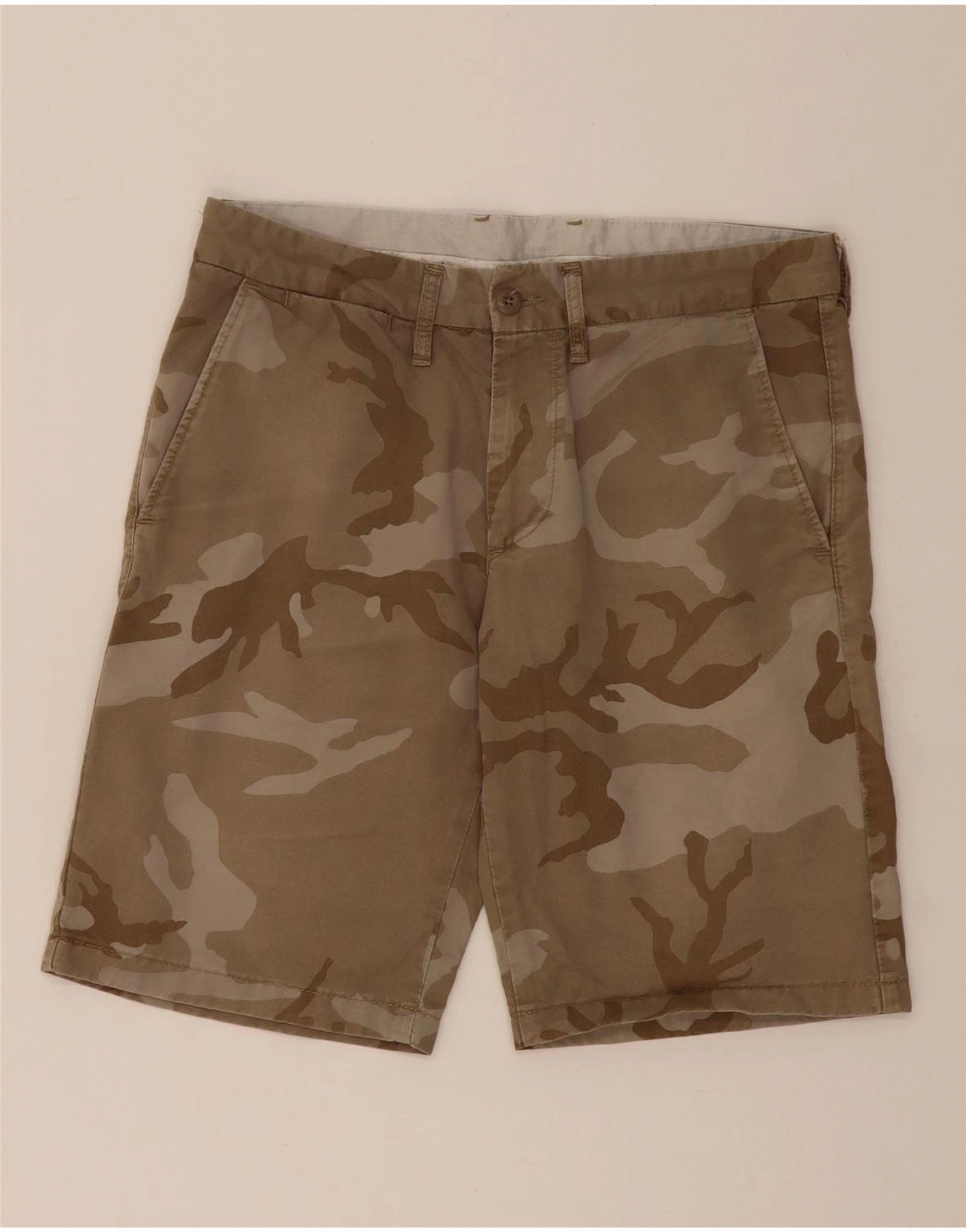CARHARTT Mens Chino Shorts W30 Medium Brown Camouflage Cotton Fleece Lining Effortless Motion