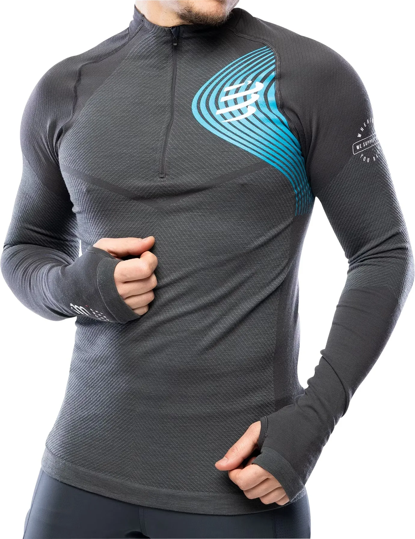 Active Performance DoubleLayered Insulation Compressport Winter Trail Postural Half Zip Long Sleeve Mens Running Top - Grey