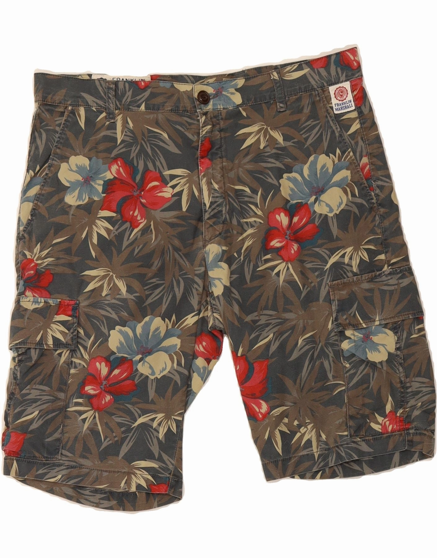 FRANKLIN & MARSHALL Mens Cargo Shorts W36 Large Grey Floral Cotton Semi Formal Durable Hemming