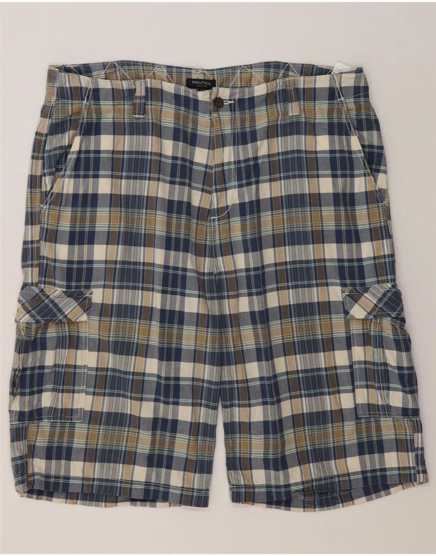 Quick Comfort Fit NAUTICA Mens Cargo Shorts W42 2XL Navy Blue Check Cotton
