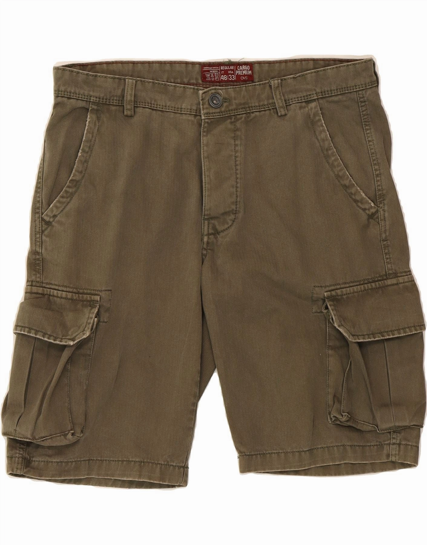 OVS Mens Regular Cargo Shorts W33 Medium  Khaki Herringbone Cotton Camouflage Pattern Port Pocket Design