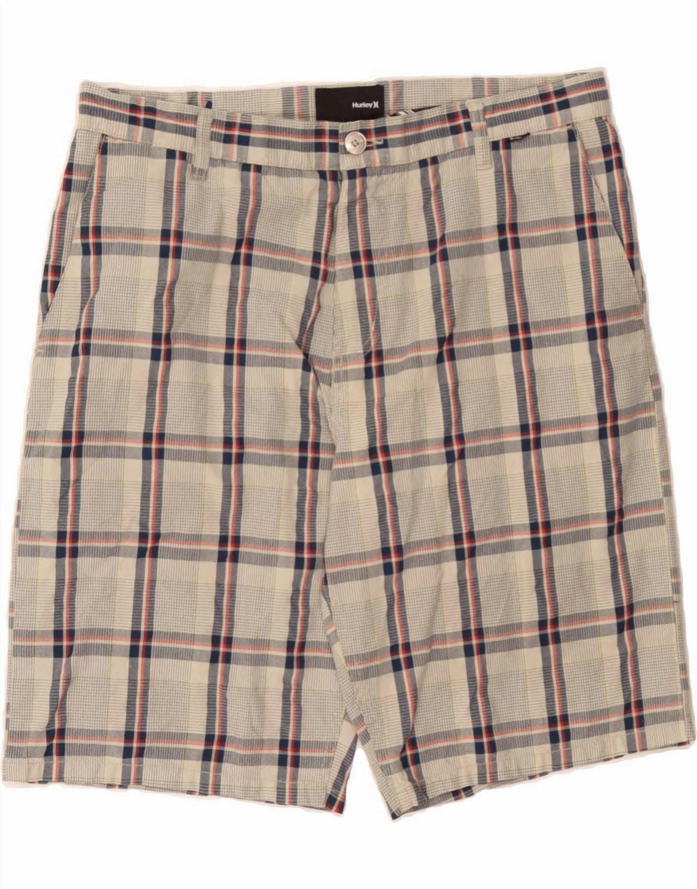 HURLEY Mens Chino Shorts W34 Large  Grey Check Cotton Casual Stretch Zipper pockets
