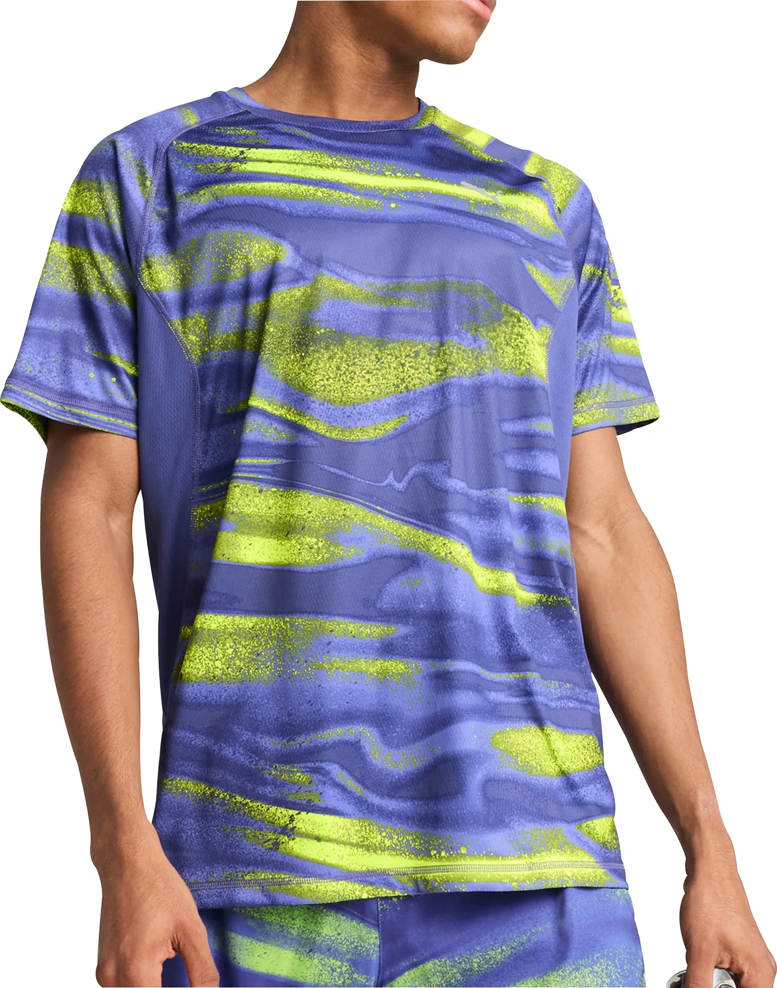 Puma Velocity All Over Print Short Sleeve Mens Running Top - Blue Versatile Wardrobe Piece Chilly Weather Style
