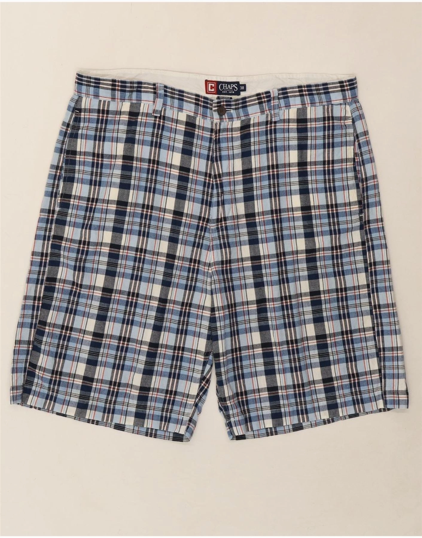 Core Stretch CHAPS Mens Chino Shorts W38 XL Blue Check Cotton