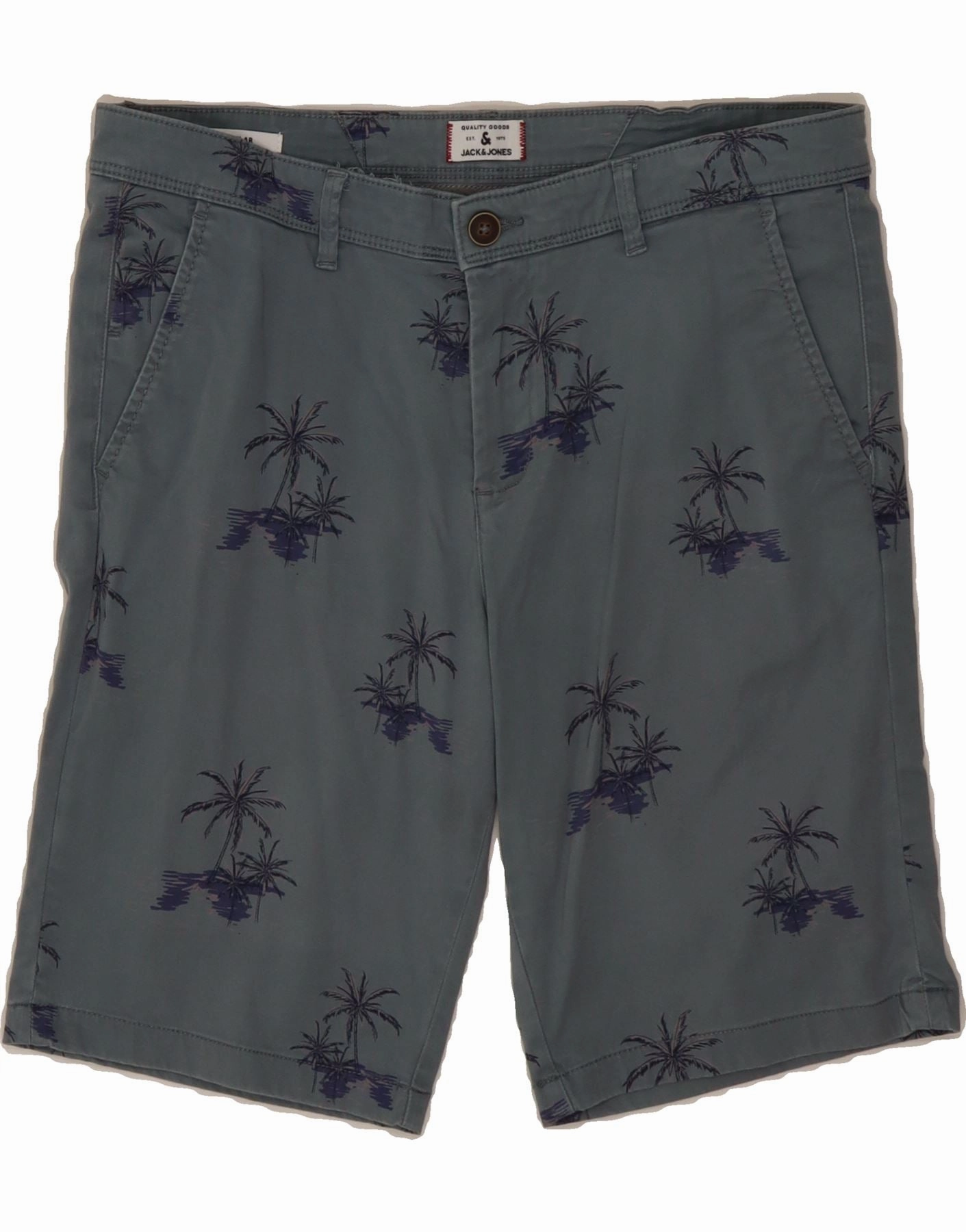 JACK & JONES Mens Regular Chino Shorts Medium W32 Grey Cotton Hawaiian Day Trip Wear Laser Cut Edges