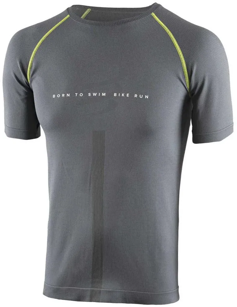 Chilly Weather Style Compressport Born To SwimBikeRun Short Sleeve Mens Running Top - Grey