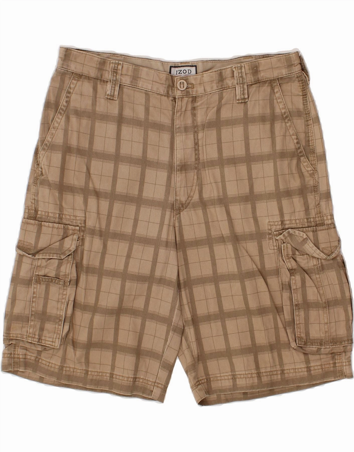 Stain Release Finish IZOD Mens Cargo Shorts W34 Large Brown Check Cotton