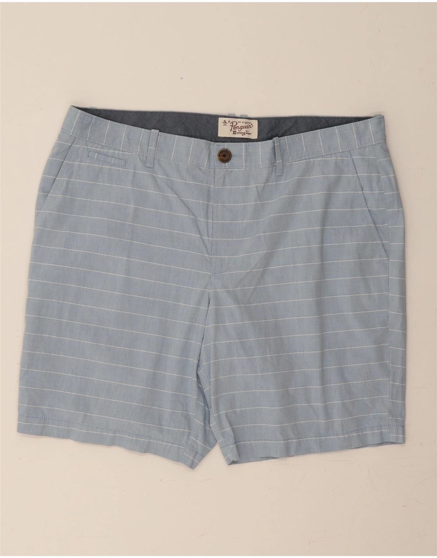 PENGUIN Mens Chino Shorts EU 54 2XL W40 Blue Striped Cotton Relaxed fit style Gentle On Skin