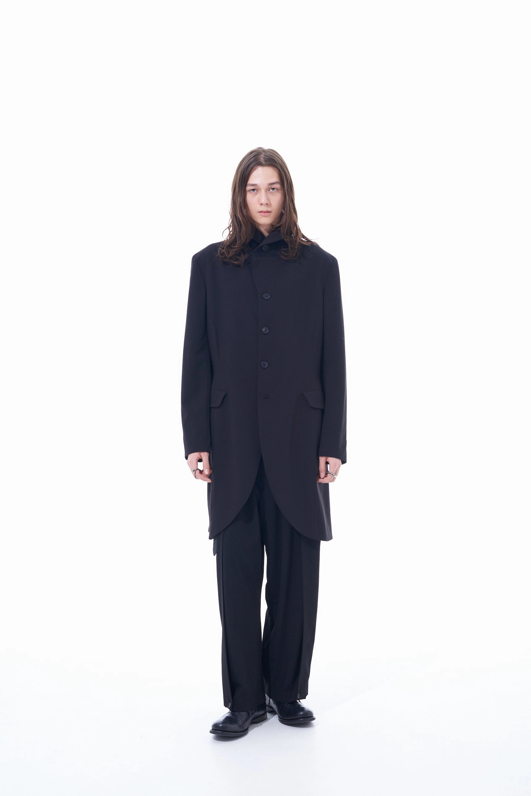 PE/RAYON GABARDINE STRETCH 2 TUCK TAPERED WIDE PANTS WITH A BUTTON SLIT AT THE HEM slim cut