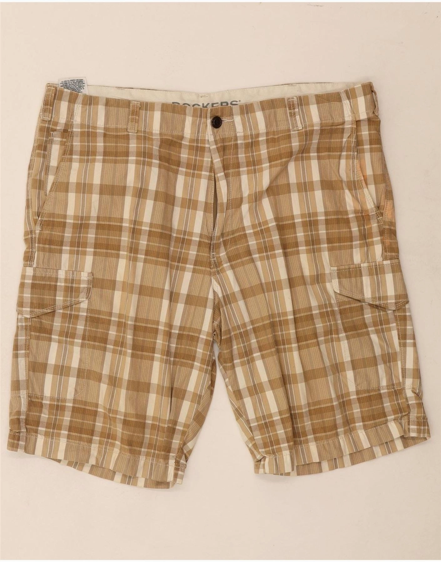 Tagless label Reinforced Gusset DOCKERS Mens Cargo Shorts W38 XL Brown Check Cotton
