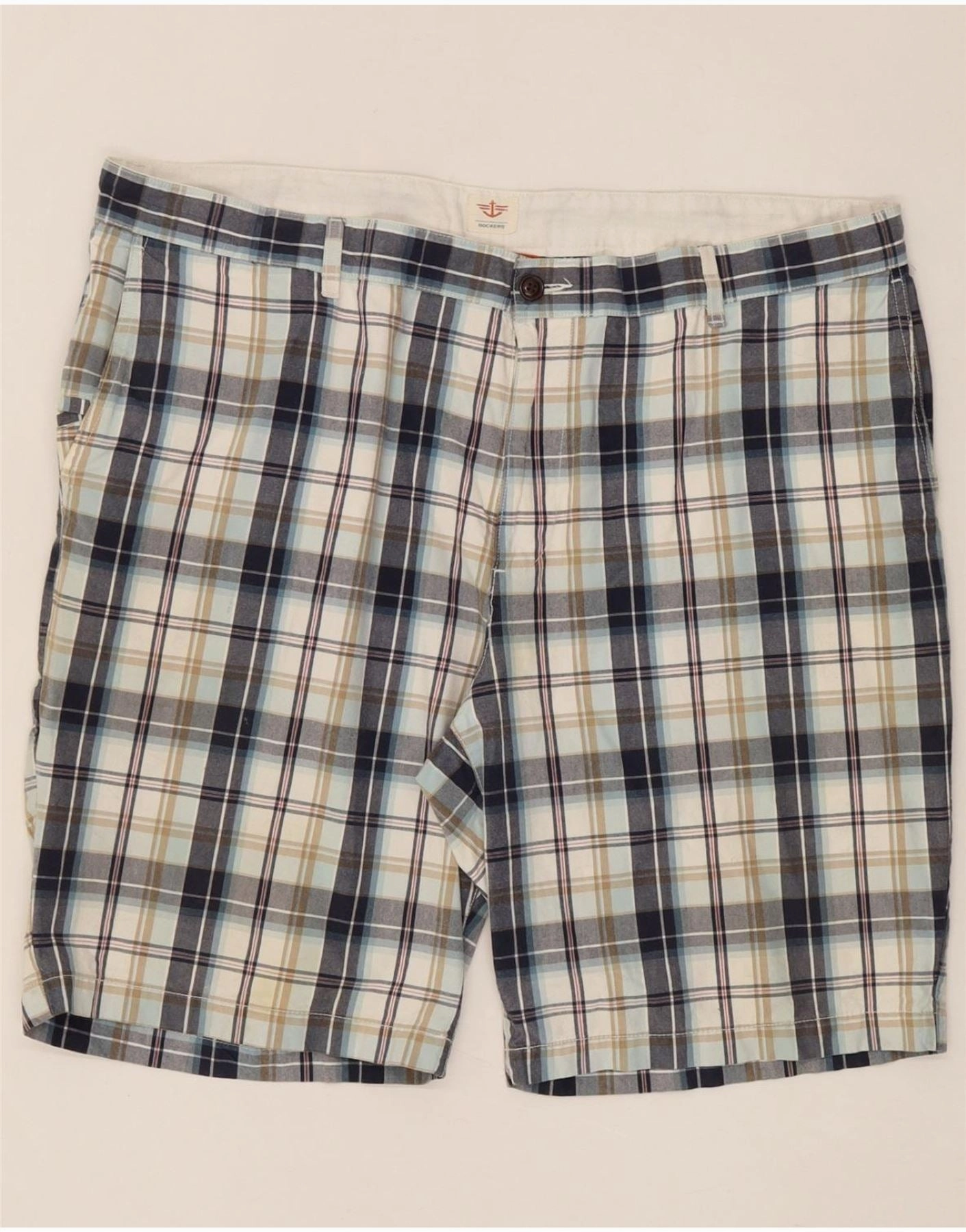 DOCKERS Mens Cargo Shorts W42 2XL Navy Blue Check Cotton Body Motion Sweat Wicking Channels