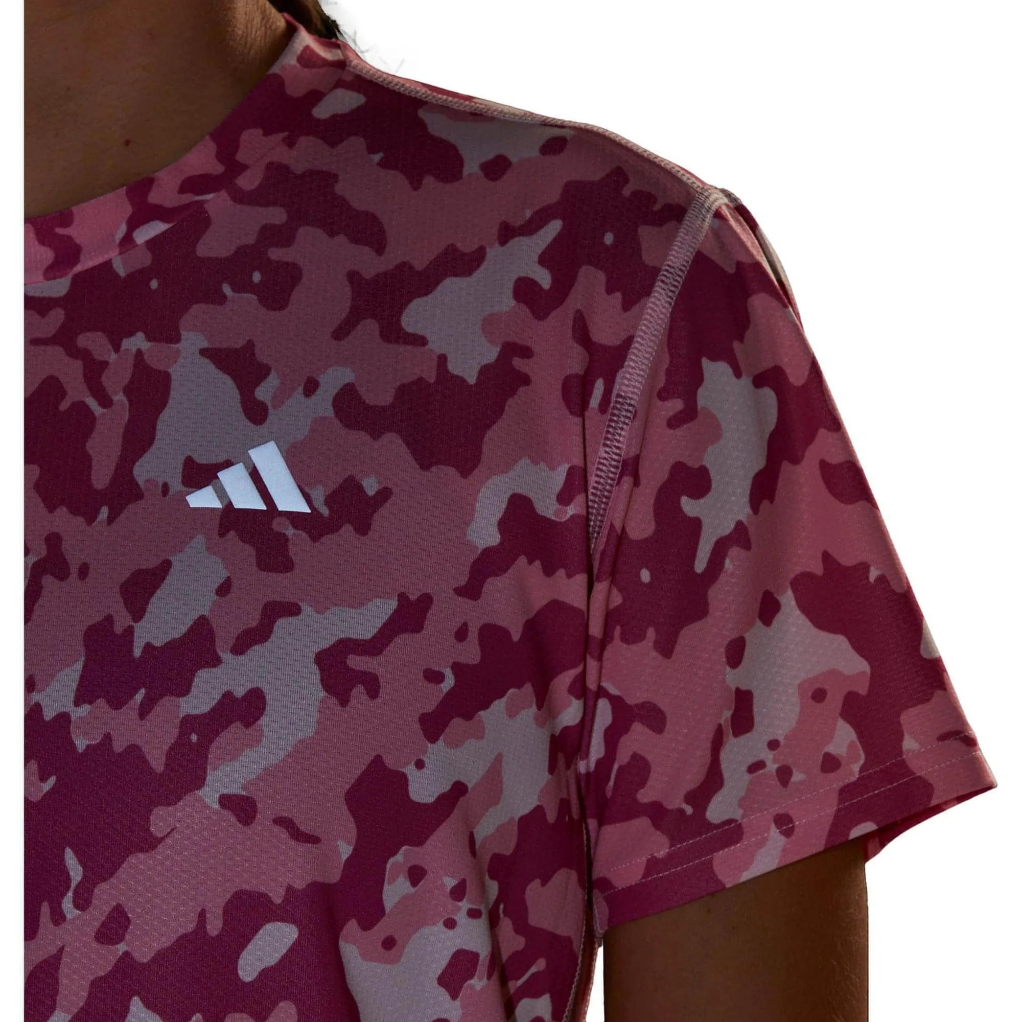 adidas Own The Run Camo Short Sleeve Womens Running Top - Pink SeamlessSidePanels Light Wear