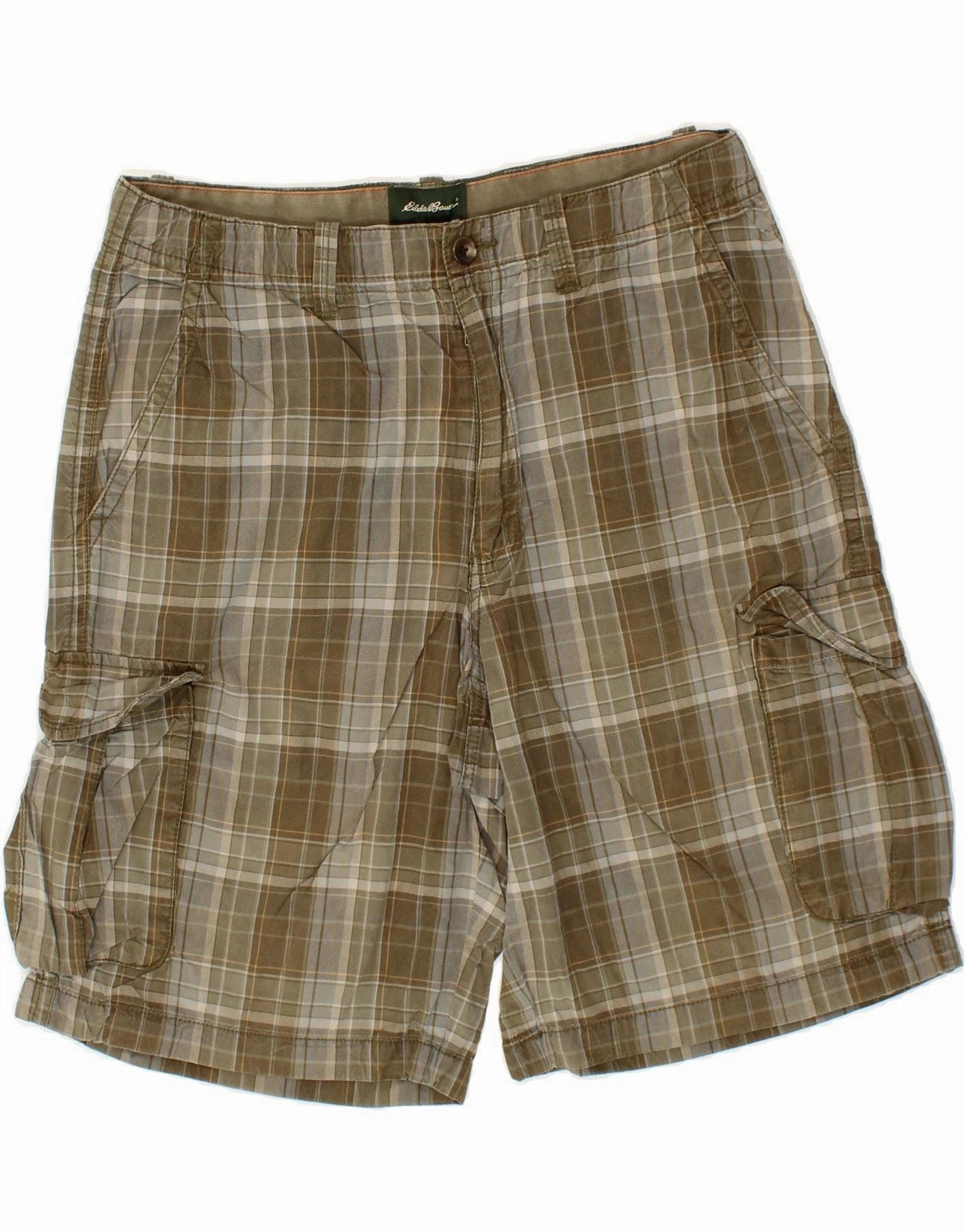 EDDIE BAUER Mens Cargo Shorts W35 Large Khaki Check Cotton Abrasion Resistant Fabric