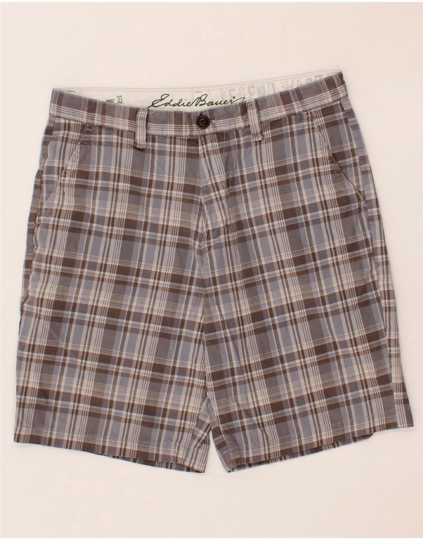 EDDIE BAUER Mens Chino Shorts W33 Medium Grey Check Cotton Bold Statement Casual Wear