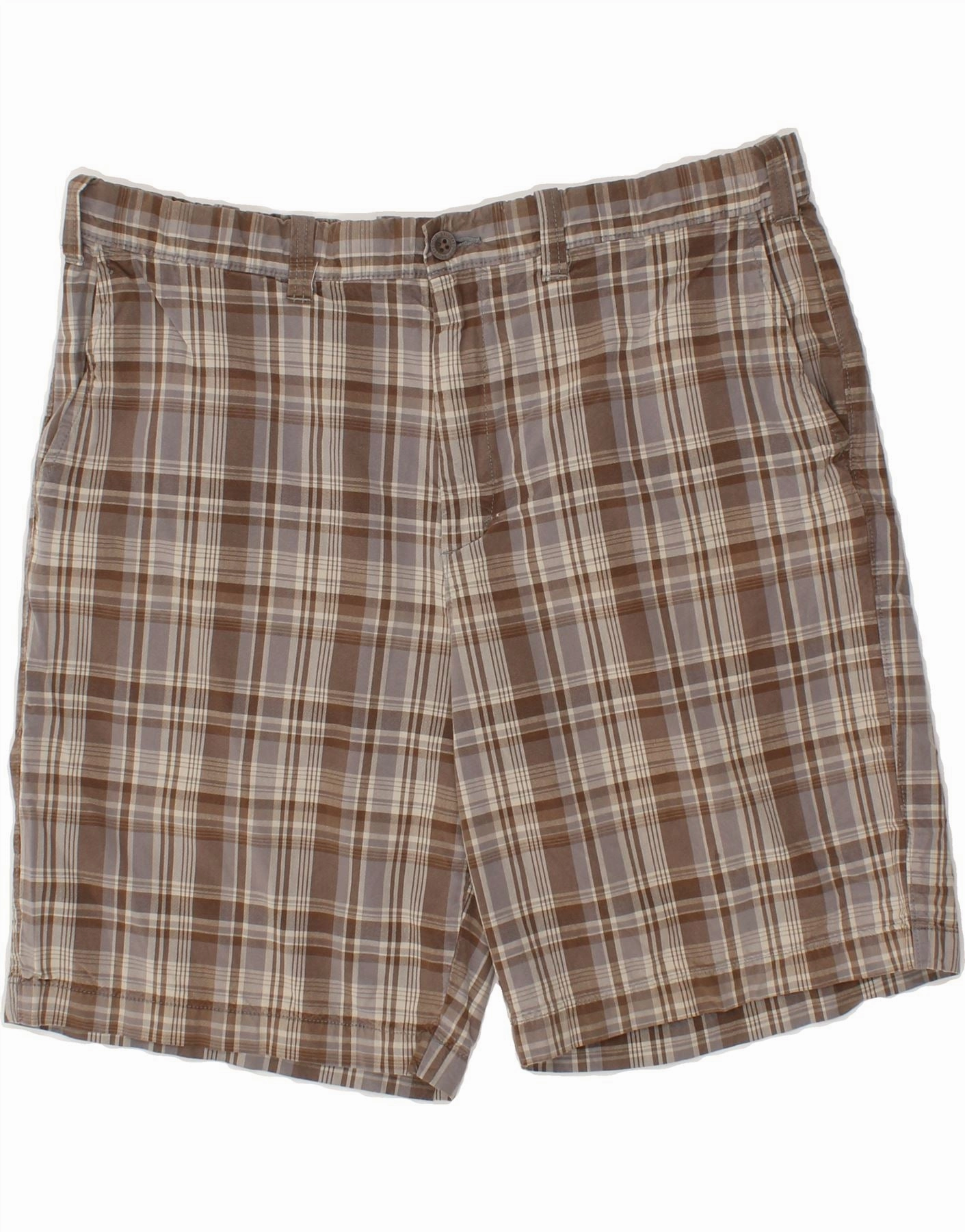 EDDIE BAUER Mens Chino Shorts W38 XL Brown Check Cotton Quick Fit Low Bulk Waistband