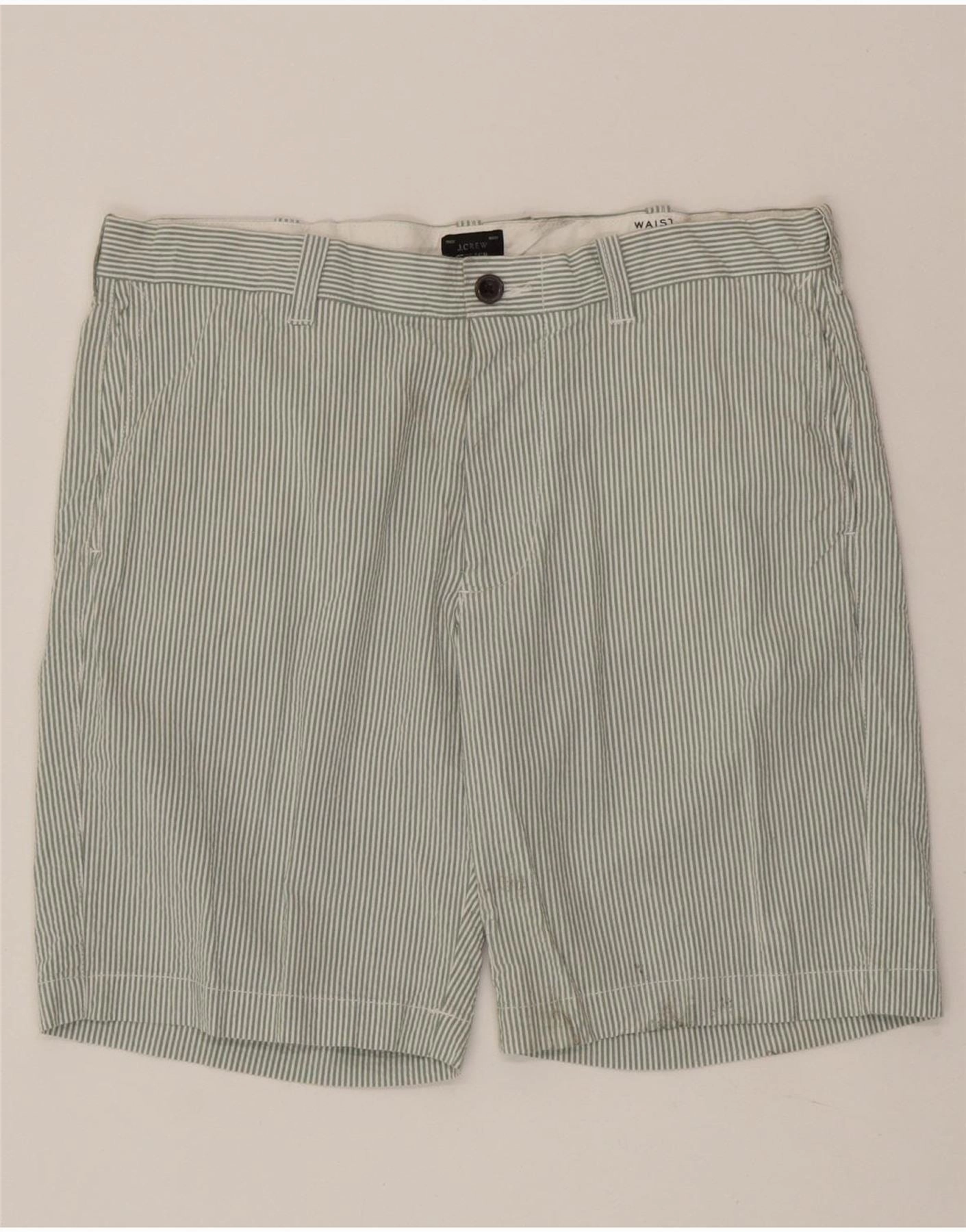 J. CREW Mens Chino Shorts W33 Medium  Green Striped No Cling Weekend Casual