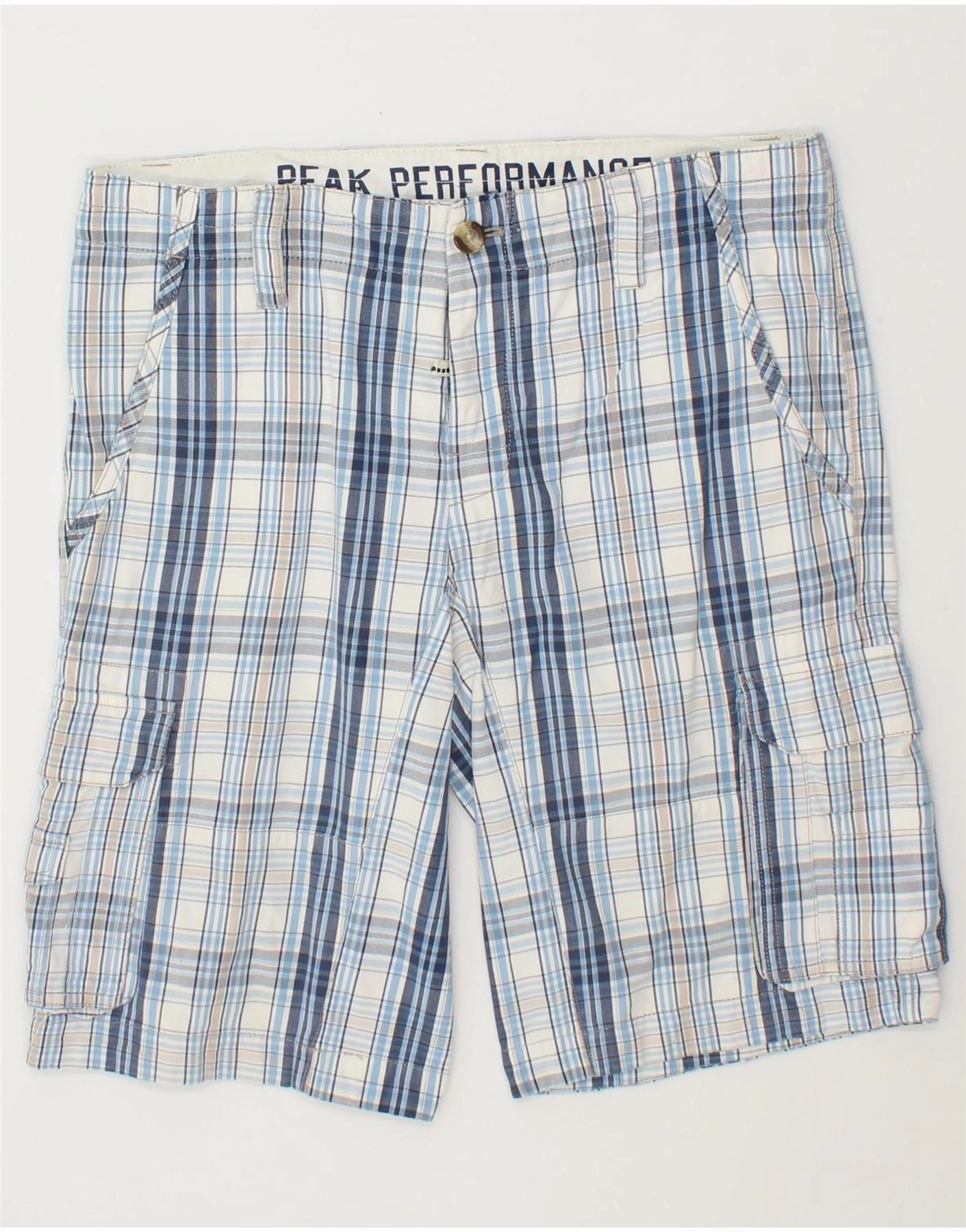 PEAK PERFORMANCE Mens Cargo Shorts W34 Large Blue Check Cotton Breezy Comfort