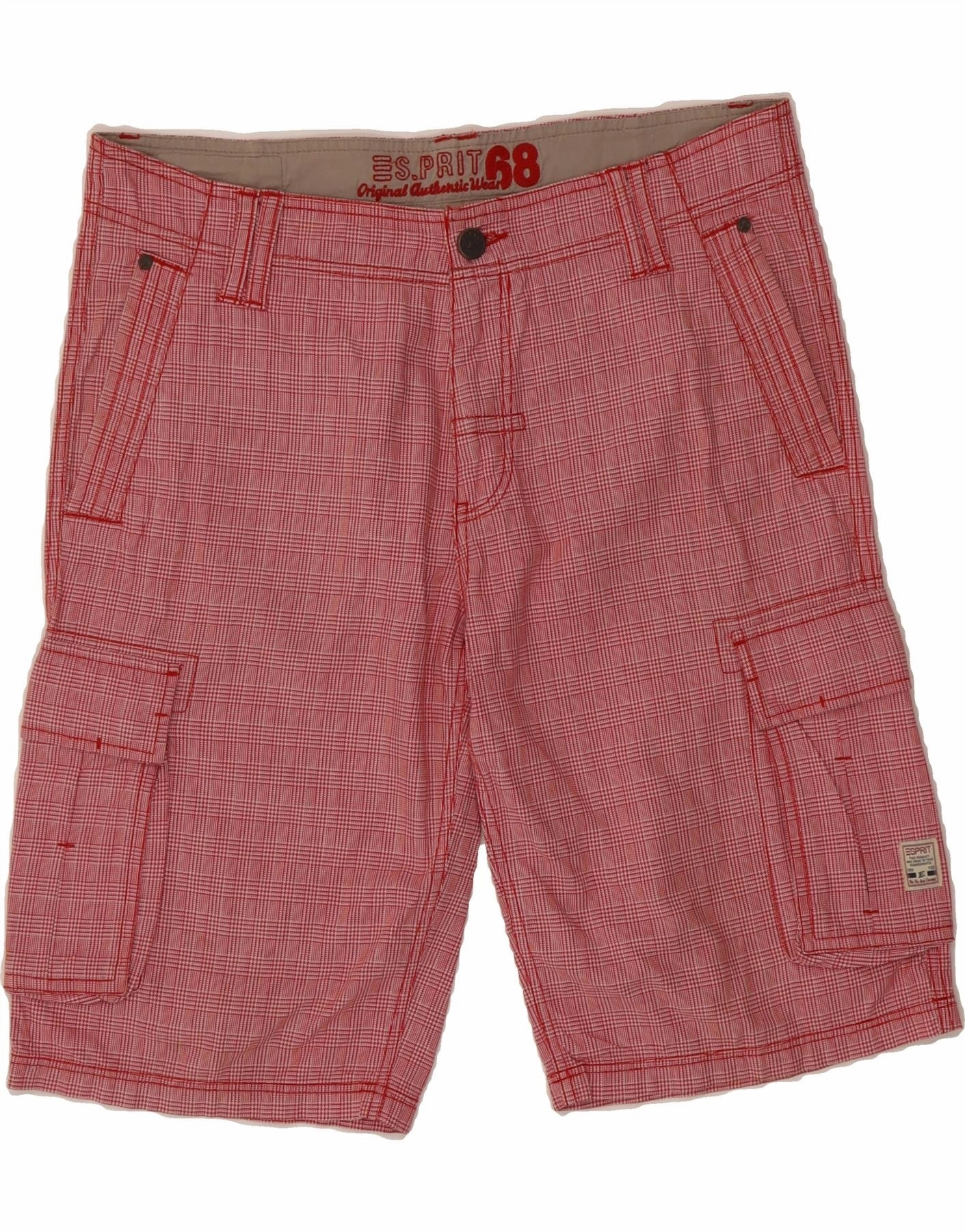 ESPRIT Mens Cargo Shorts W33 Medium  Red Check Cotton Anti Static Fabric Stretch Waist