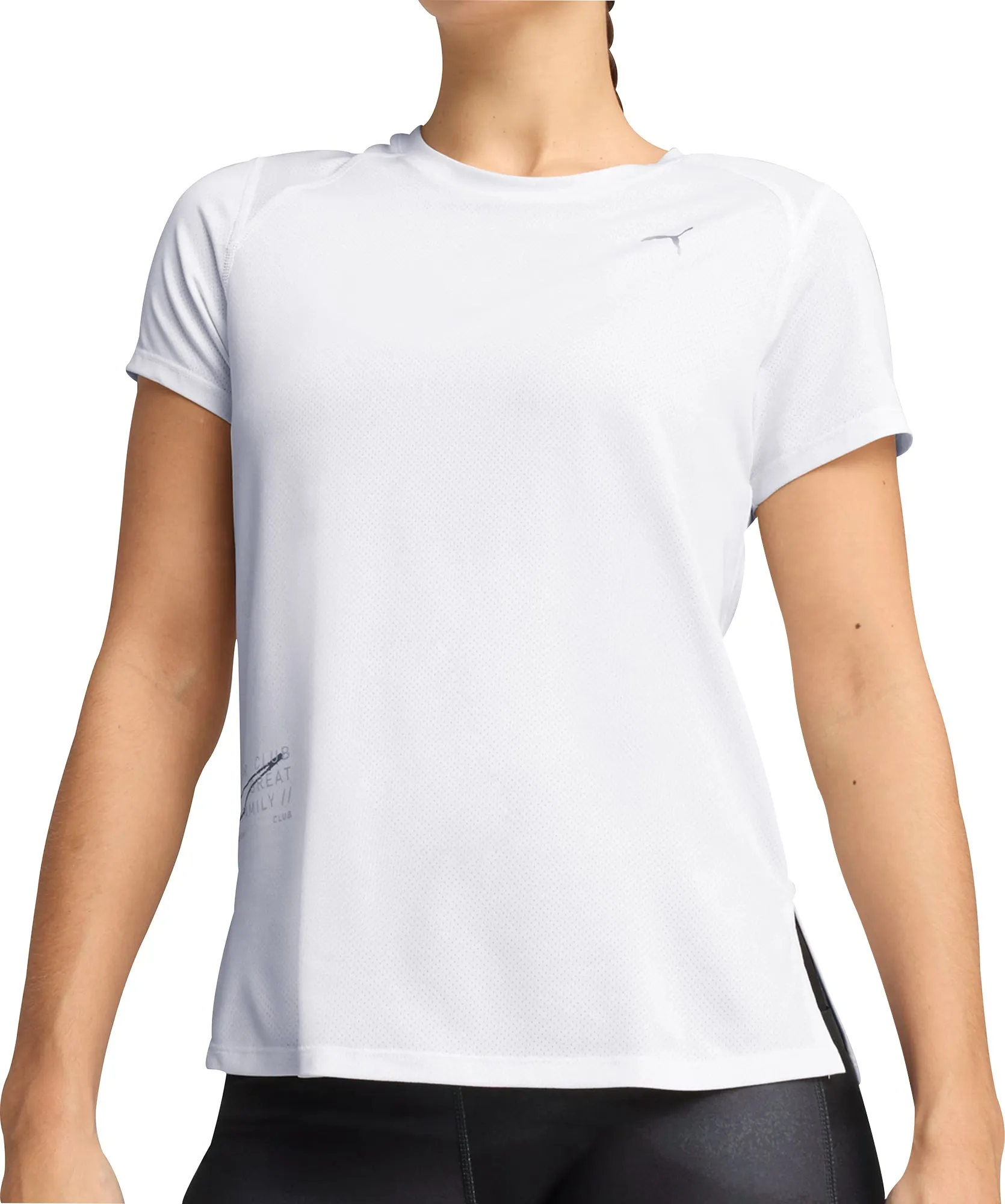 Puma Run Graphic Mesh Short Sleeve Womens Running Top - White Tubular Knit Structure Layered Hem Design